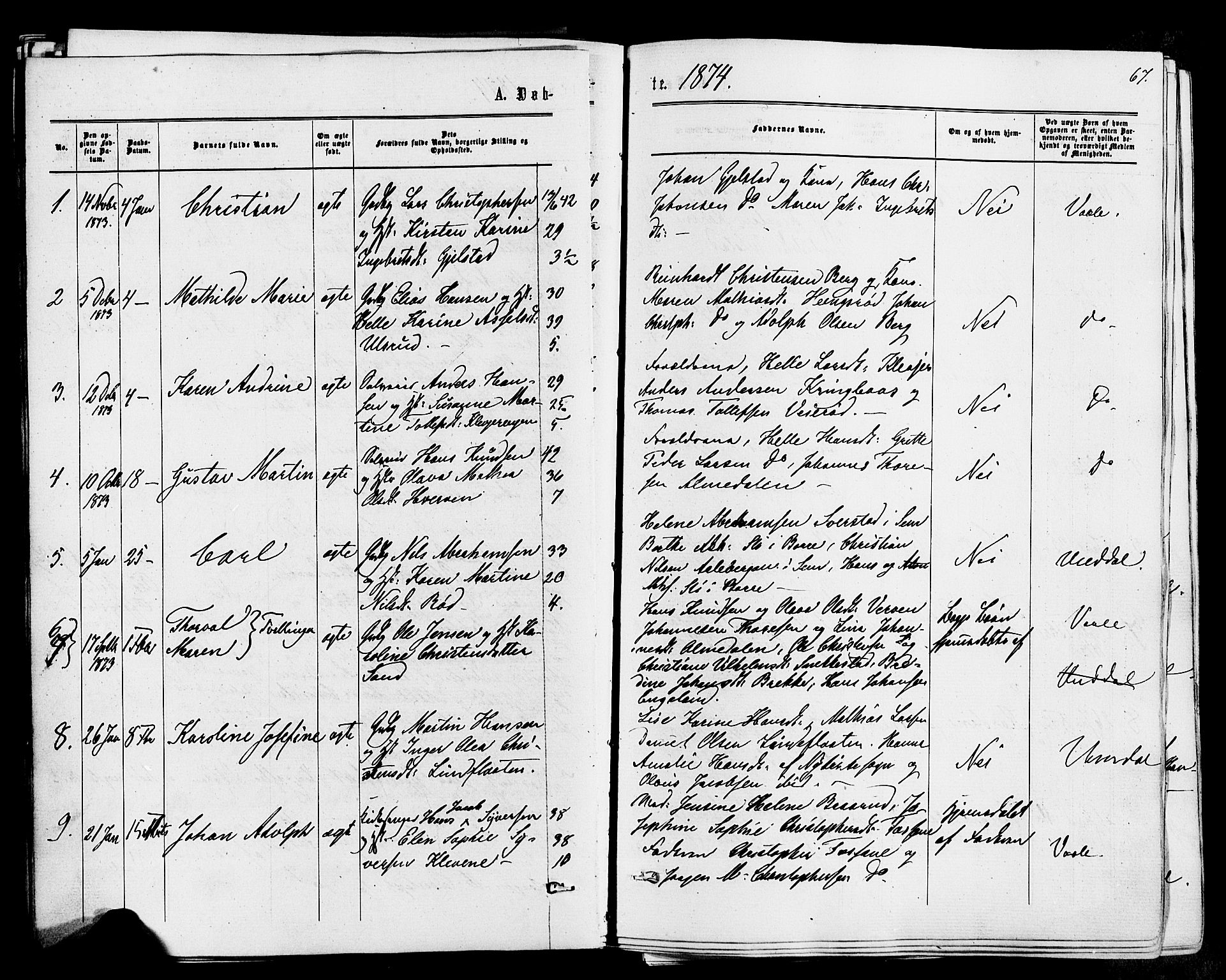 Våle kirkebøker, AV/SAKO-A-334/F/Fa/L0010: Parish register (official) no. I 10, 1861-1877, p. 67