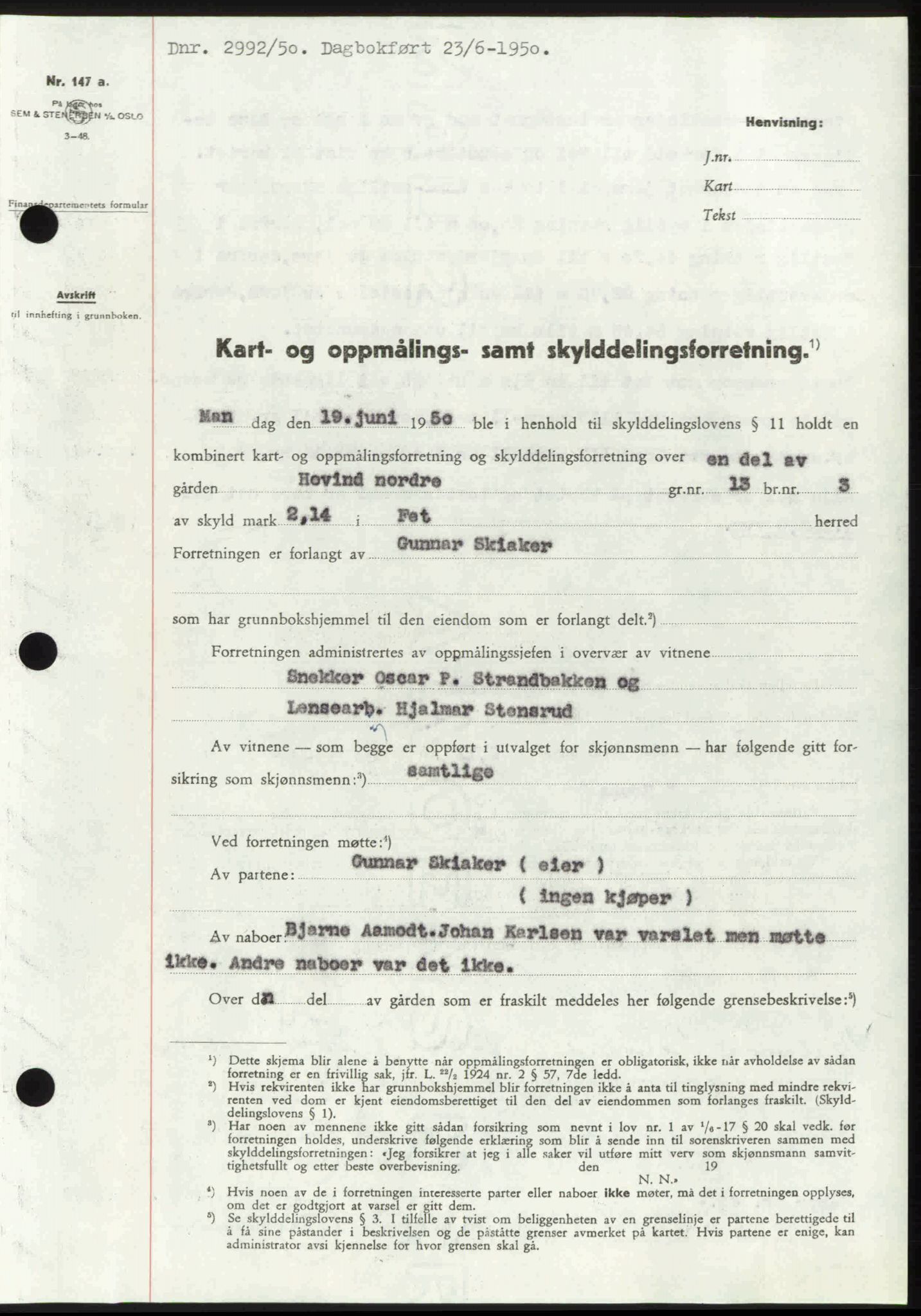 Nedre Romerike sorenskriveri, SAO/A-10469/G/Gb/Gbd/L0030: Mortgage book no. 30, 1950-1950, Diary no: : 2992/1950