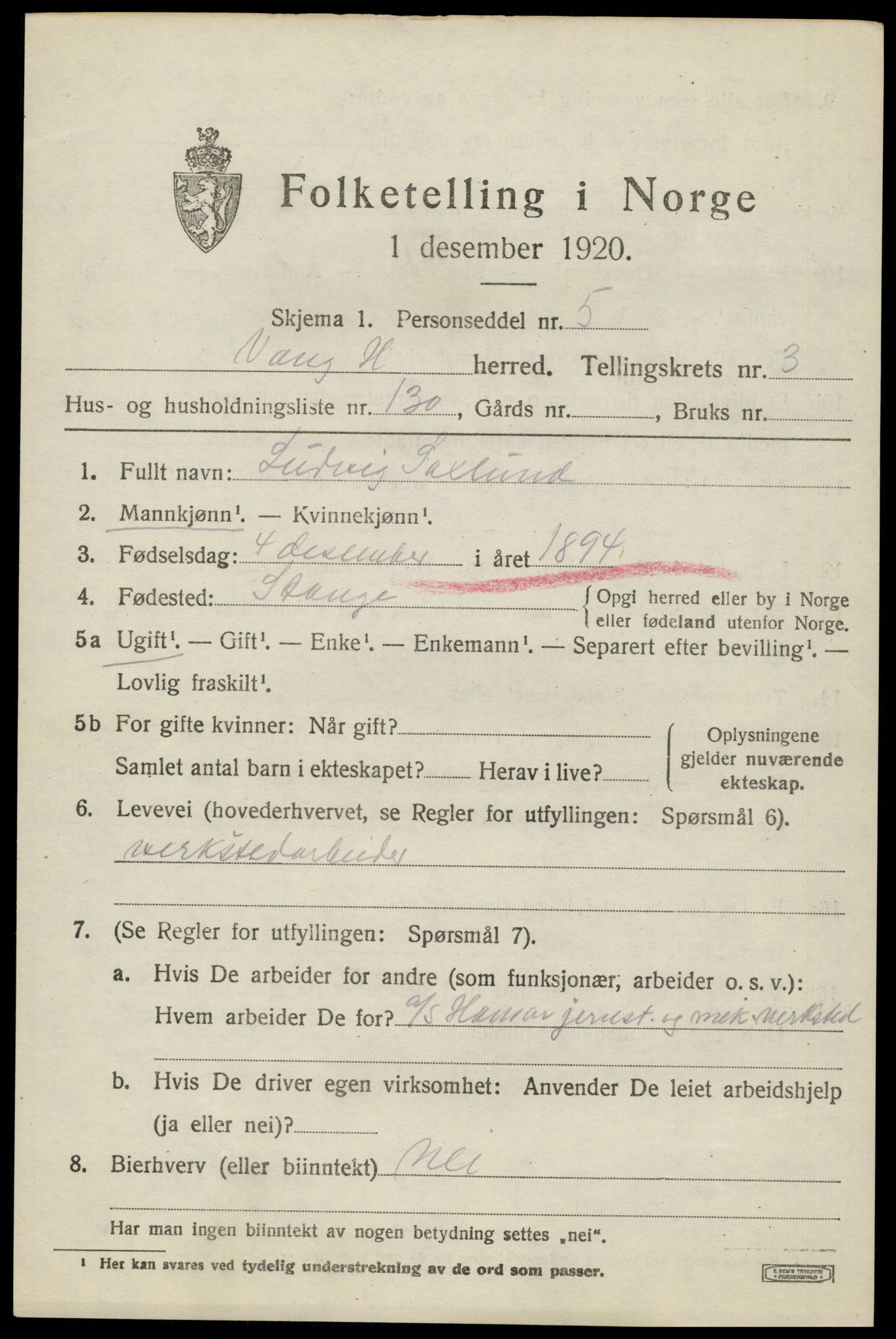 SAH, 1920 census for Vang (Hedmark), 1920, p. 11057