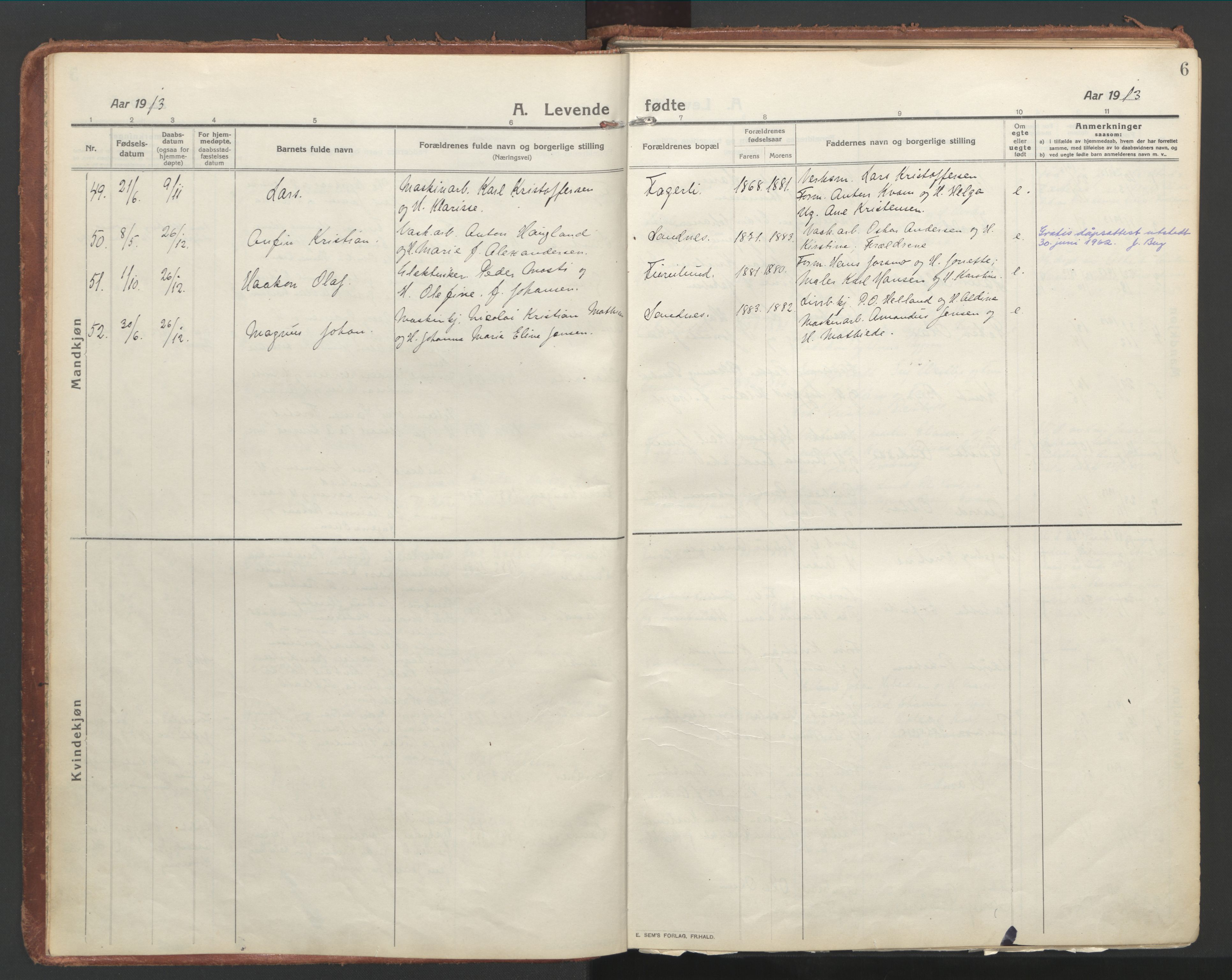 Ministerialprotokoller, klokkerbøker og fødselsregistre - Nordland, AV/SAT-A-1459/850/L0715: Curate's parish register no. 850B05, 1913-1924, p. 6