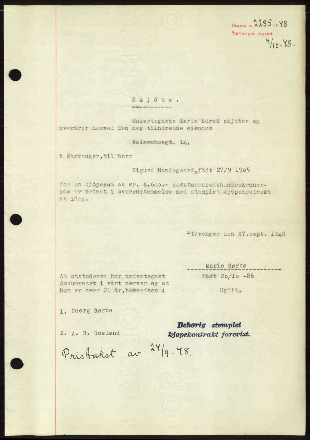 Stavanger byrett, SAST/A-100455/002/G/Gb/L0023: Mortgage book no. A12, 1948-1949, Diary no: : 2285/1948