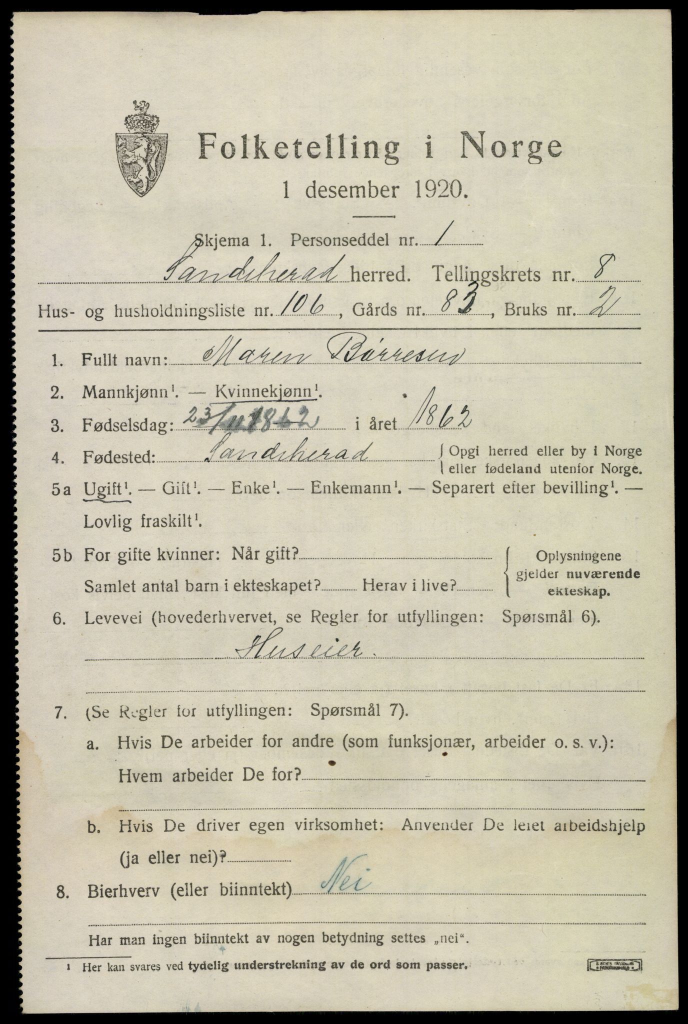 SAKO, 1920 census for Sandeherred, 1920, p. 14276