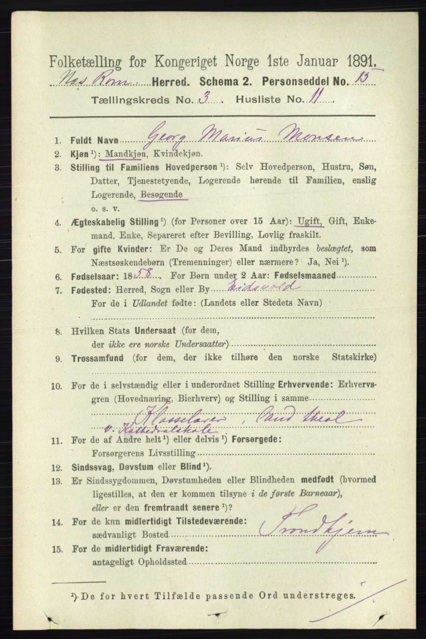 RA, 1891 census for 0236 Nes, 1891, p. 1678