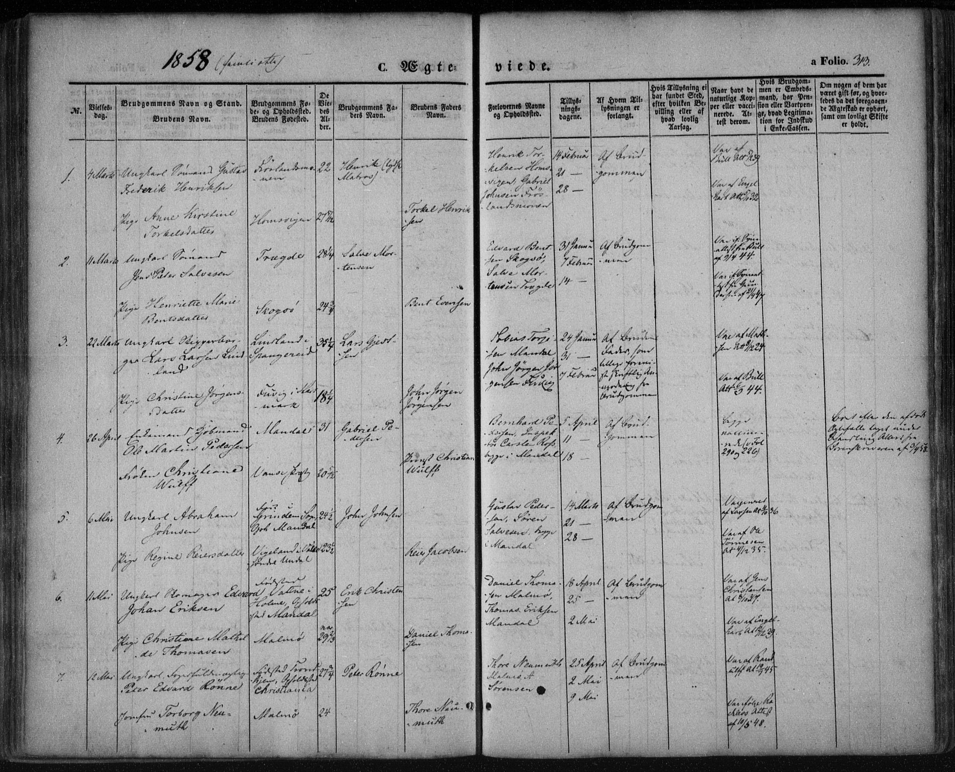 Mandal sokneprestkontor, SAK/1111-0030/F/Fa/Faa/L0013: Parish register (official) no. A 13, 1847-1859, p. 313