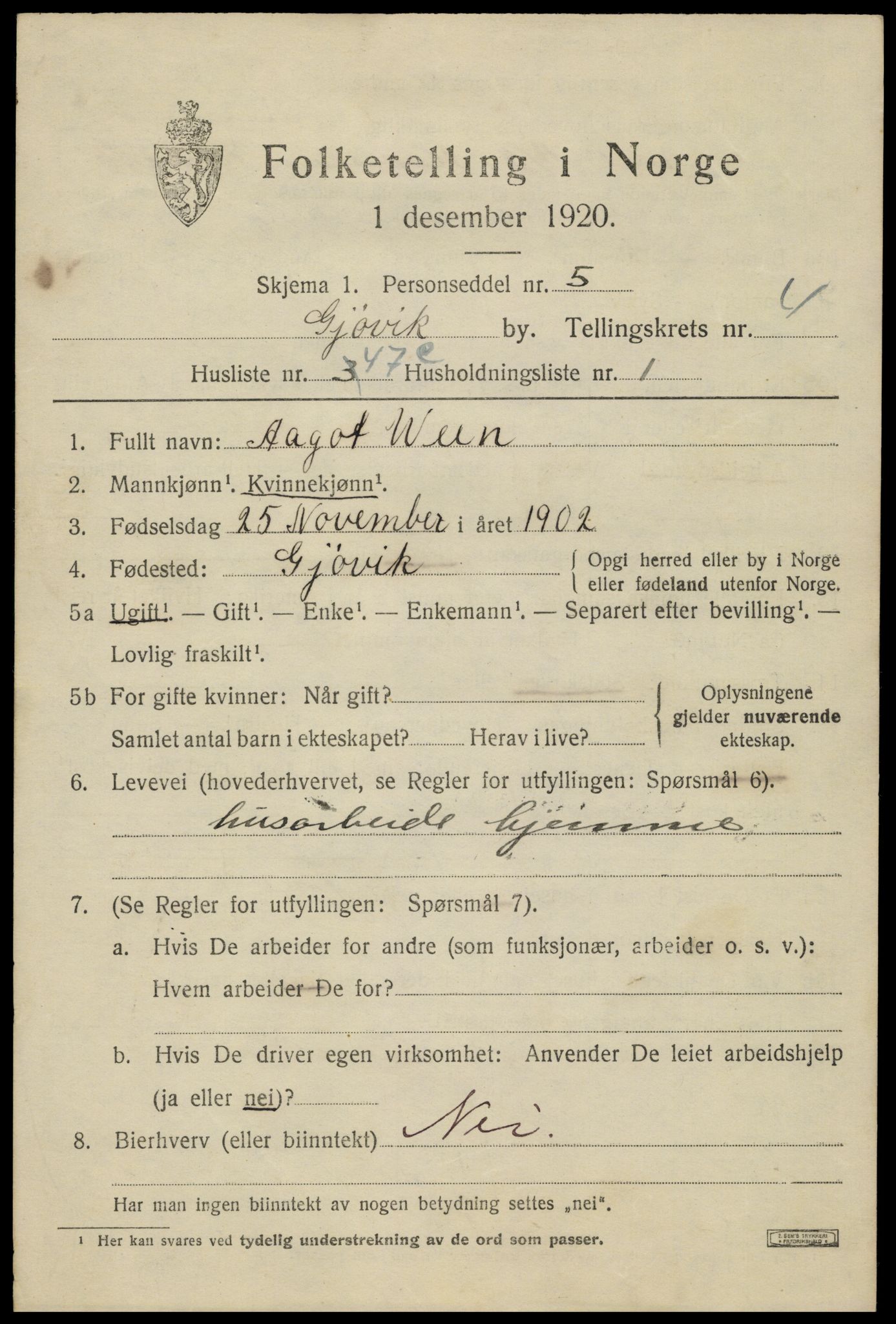 SAH, 1920 census for Gjøvik, 1920, p. 9994