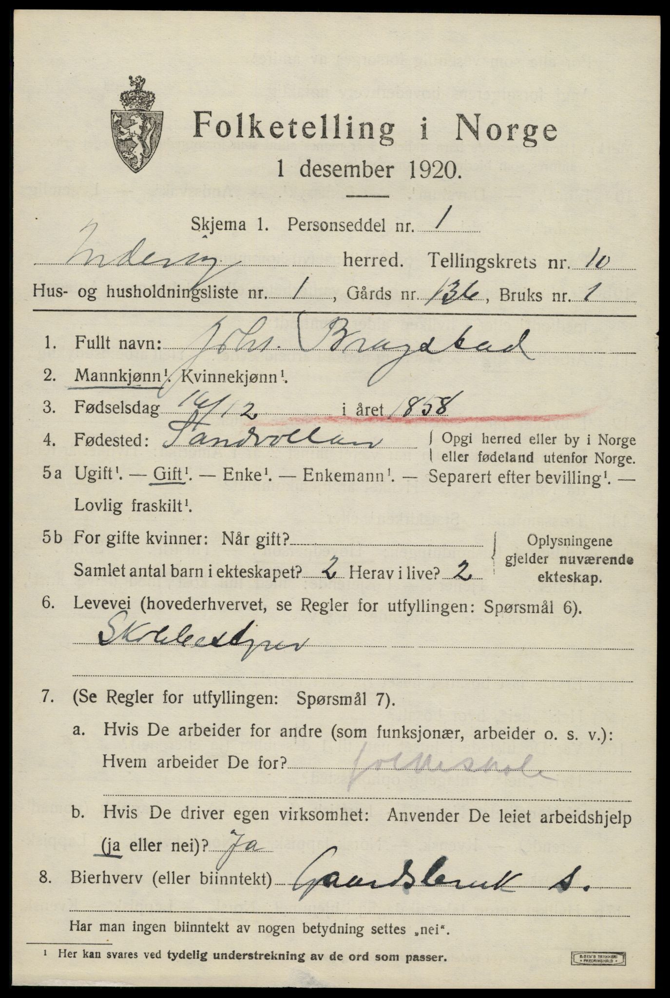 SAT, 1920 census for Inderøy, 1920, p. 6619