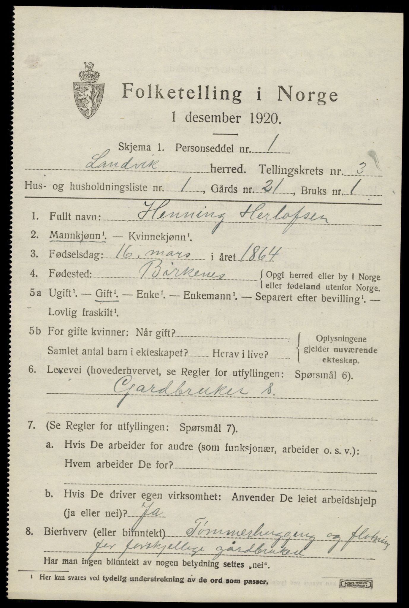 SAK, 1920 census for Landvik, 1920, p. 2954