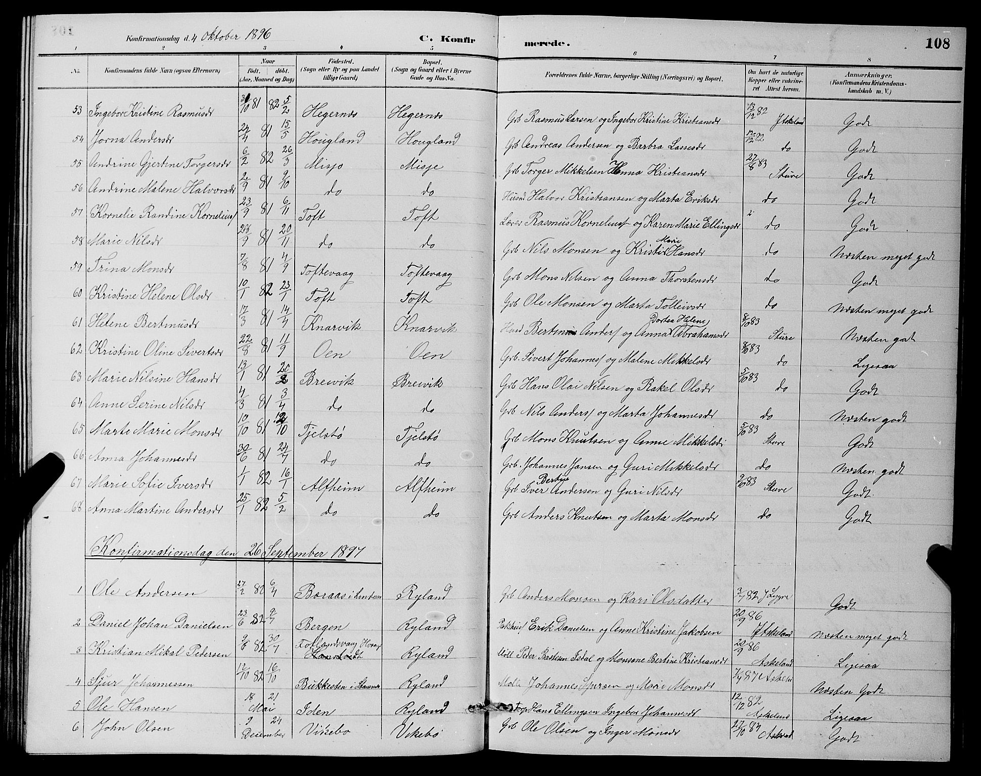 Herdla Sokneprestembete, SAB/A-75701/H/Hab: Parish register (copy) no. A 3, 1889-1899, p. 108