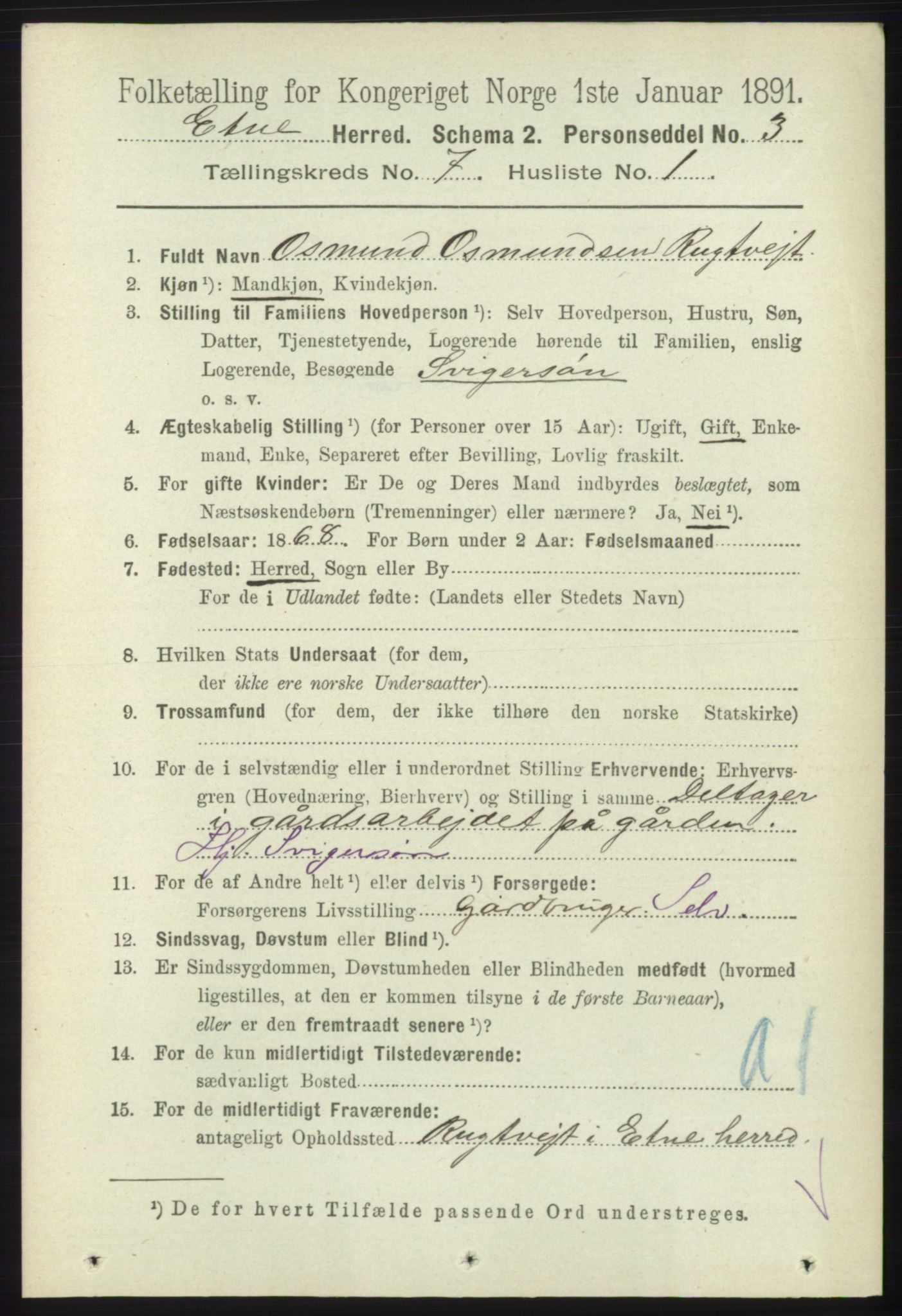 RA, 1891 census for 1211 Etne, 1891, p. 1394