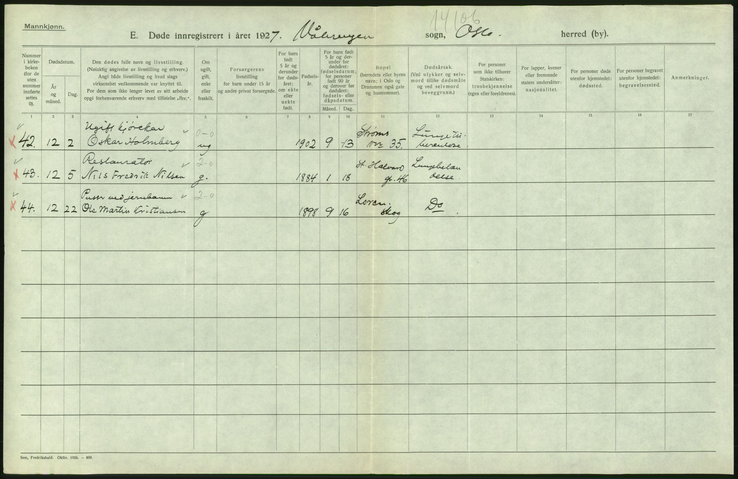 Statistisk sentralbyrå, Sosiodemografiske emner, Befolkning, RA/S-2228/D/Df/Dfc/Dfcg/L0009: Oslo: Døde menn, 1927, p. 518