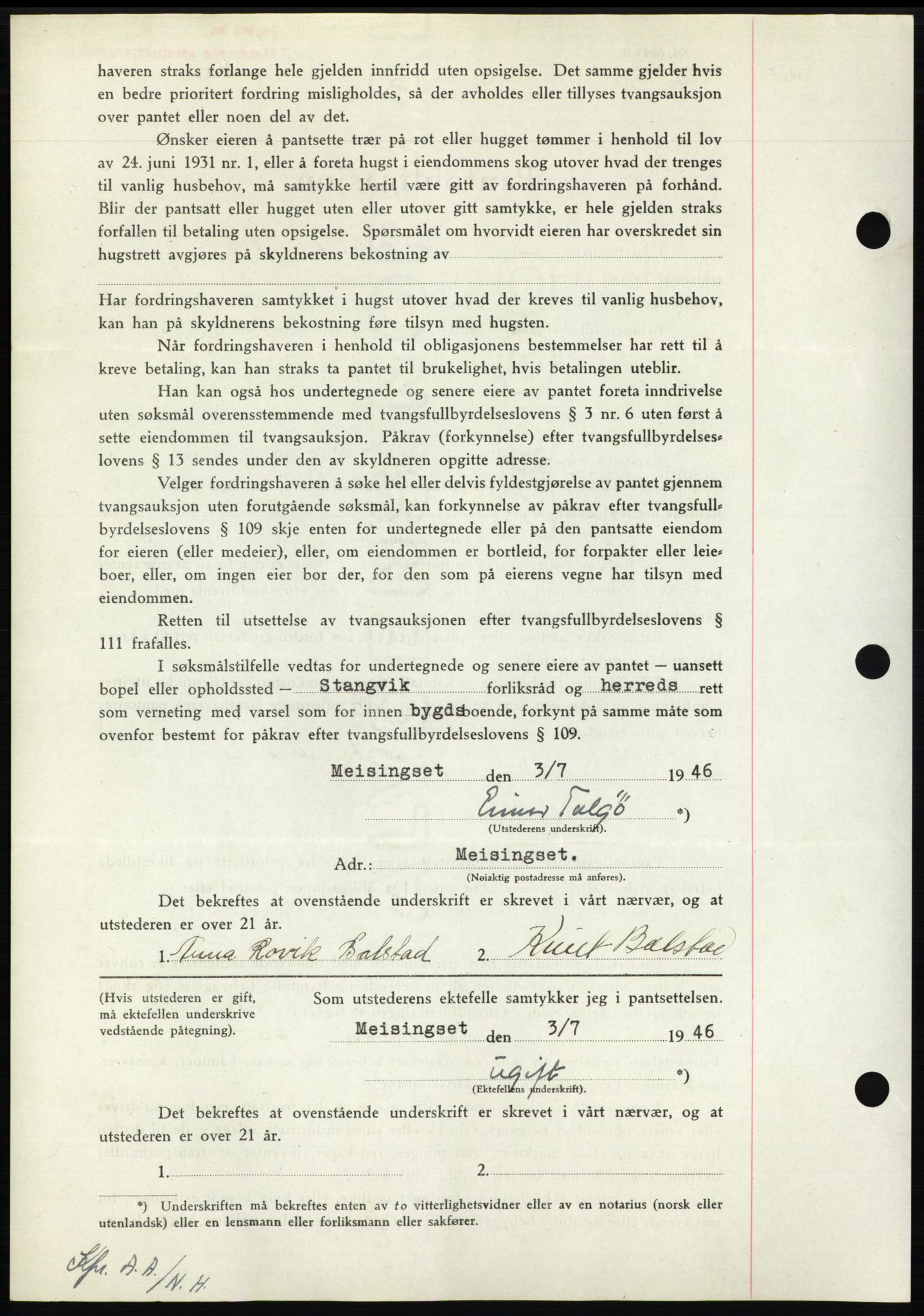 Nordmøre sorenskriveri, AV/SAT-A-4132/1/2/2Ca: Mortgage book no. B94, 1946-1946, Diary no: : 1296/1946