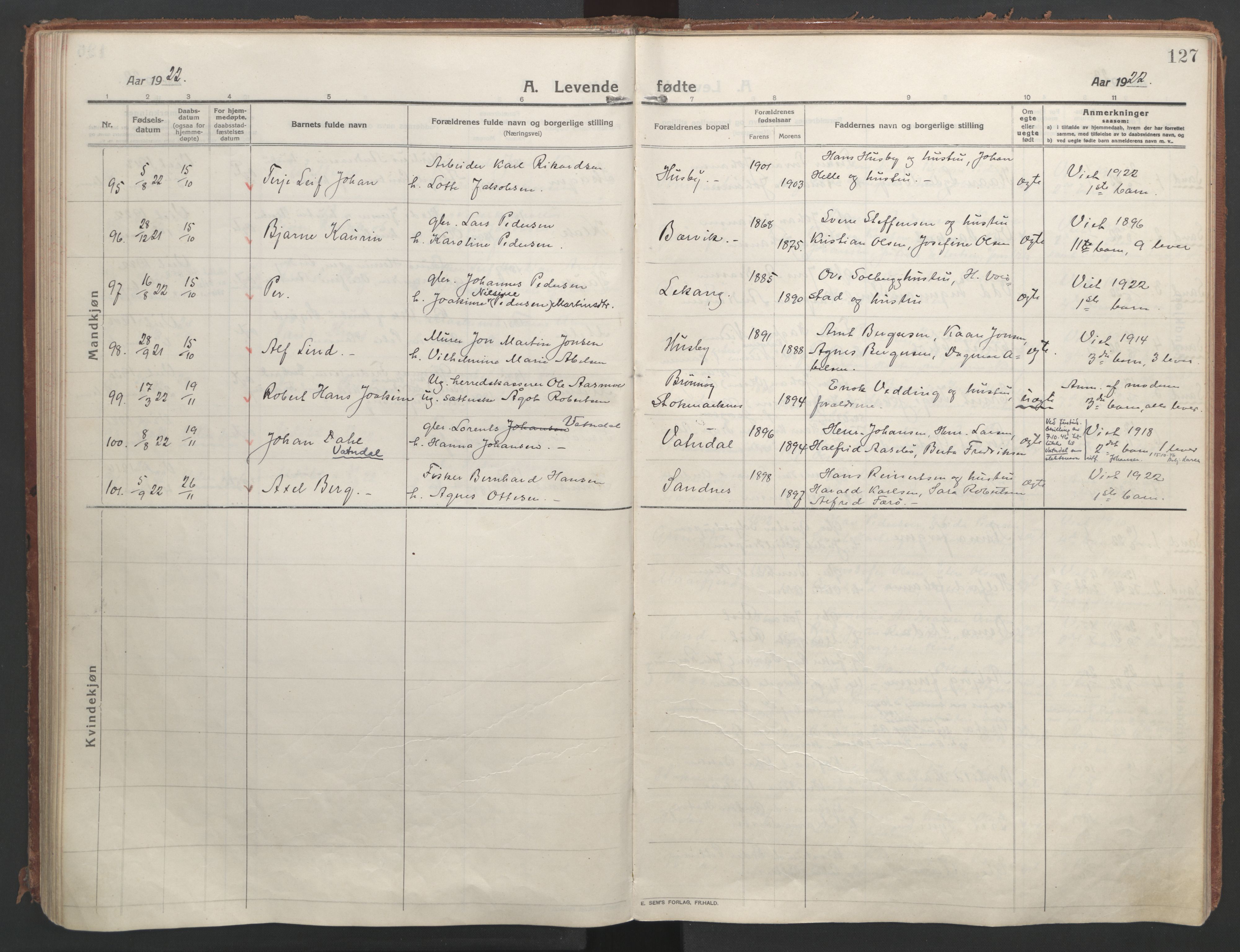 Ministerialprotokoller, klokkerbøker og fødselsregistre - Nordland, AV/SAT-A-1459/888/L1250: Parish register (official) no. 888A16, 1913-1925, p. 127