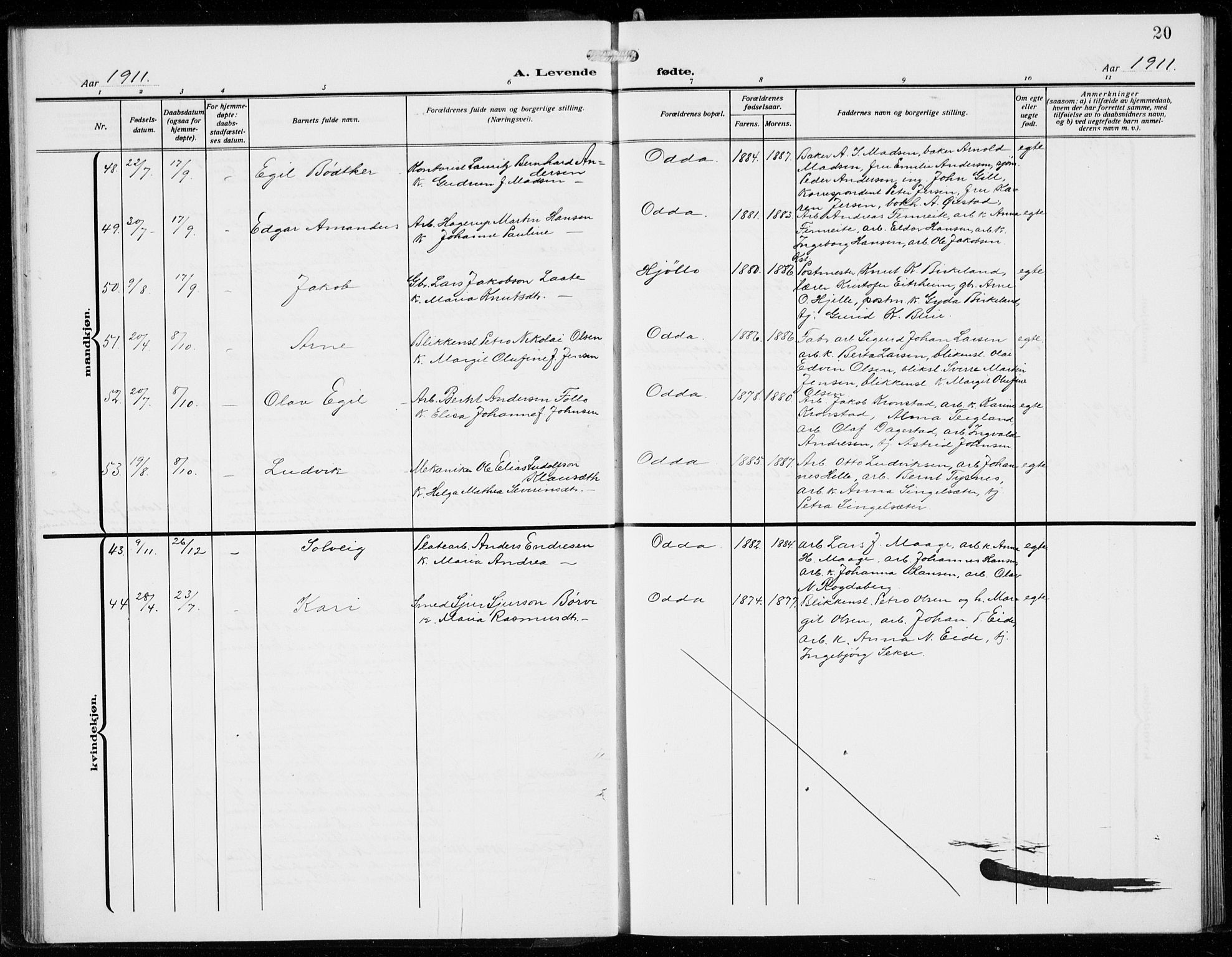 Odda Sokneprestembete, AV/SAB-A-77201/H/Hab: Parish register (copy) no. B  2, 1910-1923, p. 20