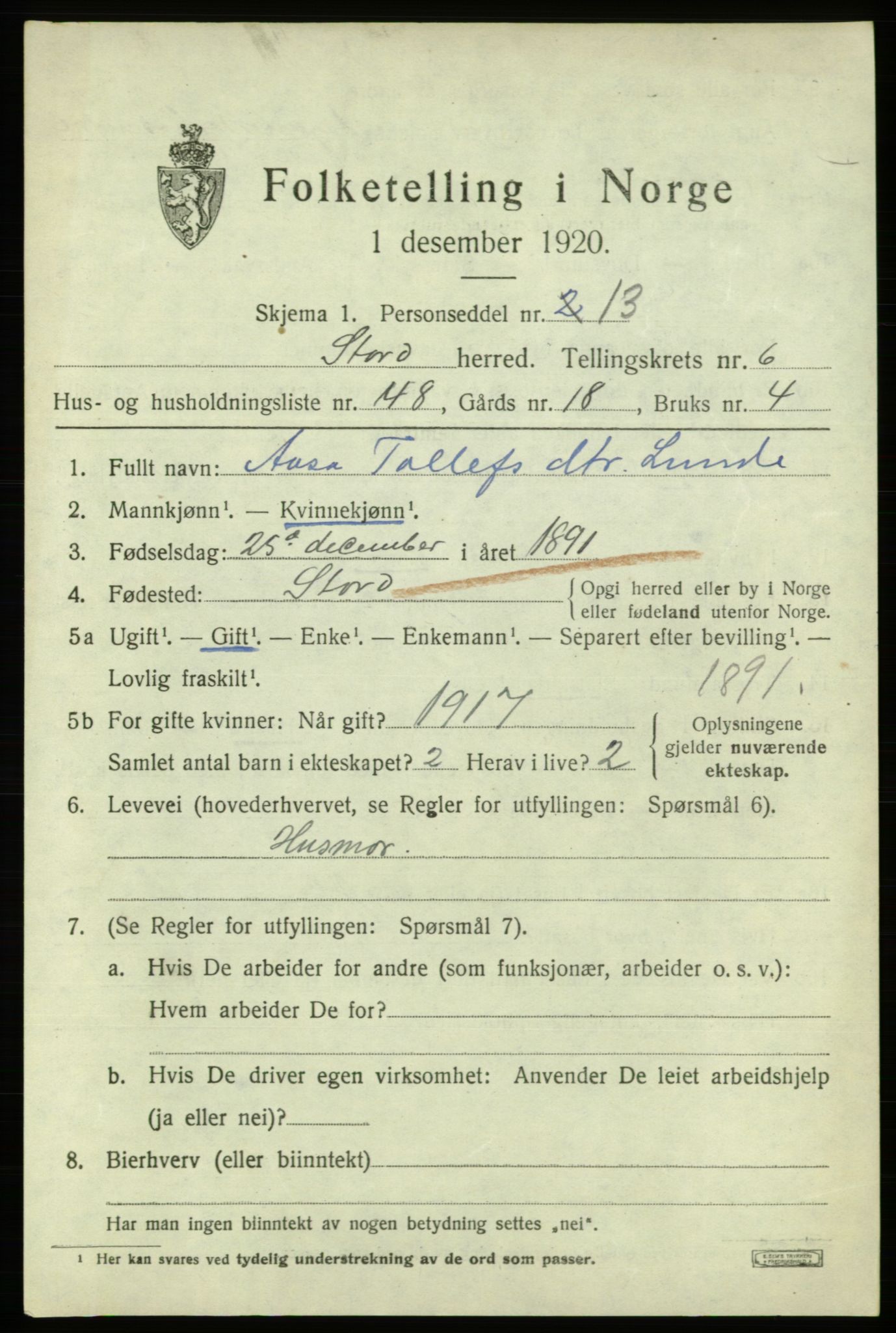 SAB, 1920 census for Stord, 1920, p. 3065