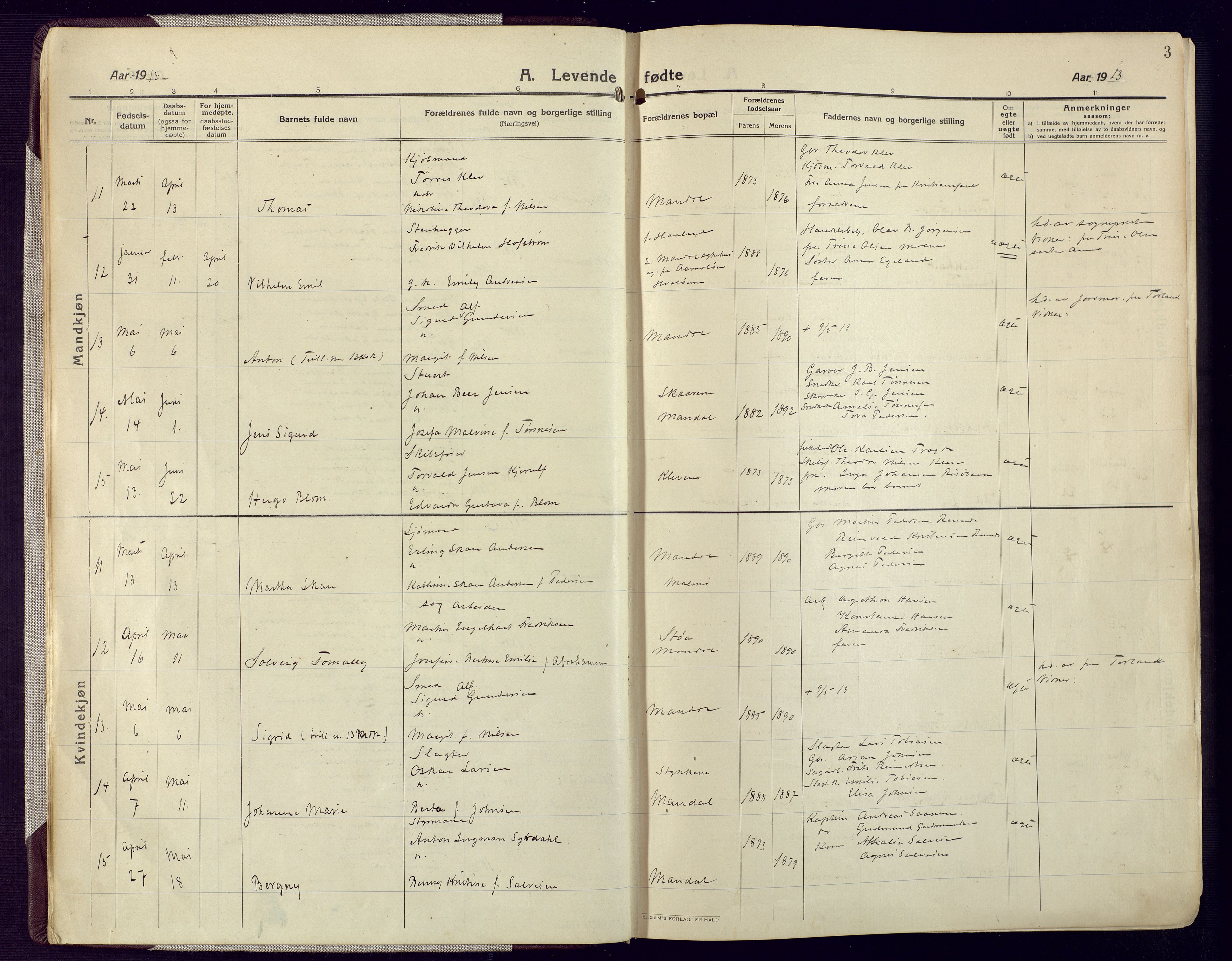 Mandal sokneprestkontor, AV/SAK-1111-0030/F/Fa/Fac/L0001: Parish register (official) no. A 1, 1913-1925, p. 3