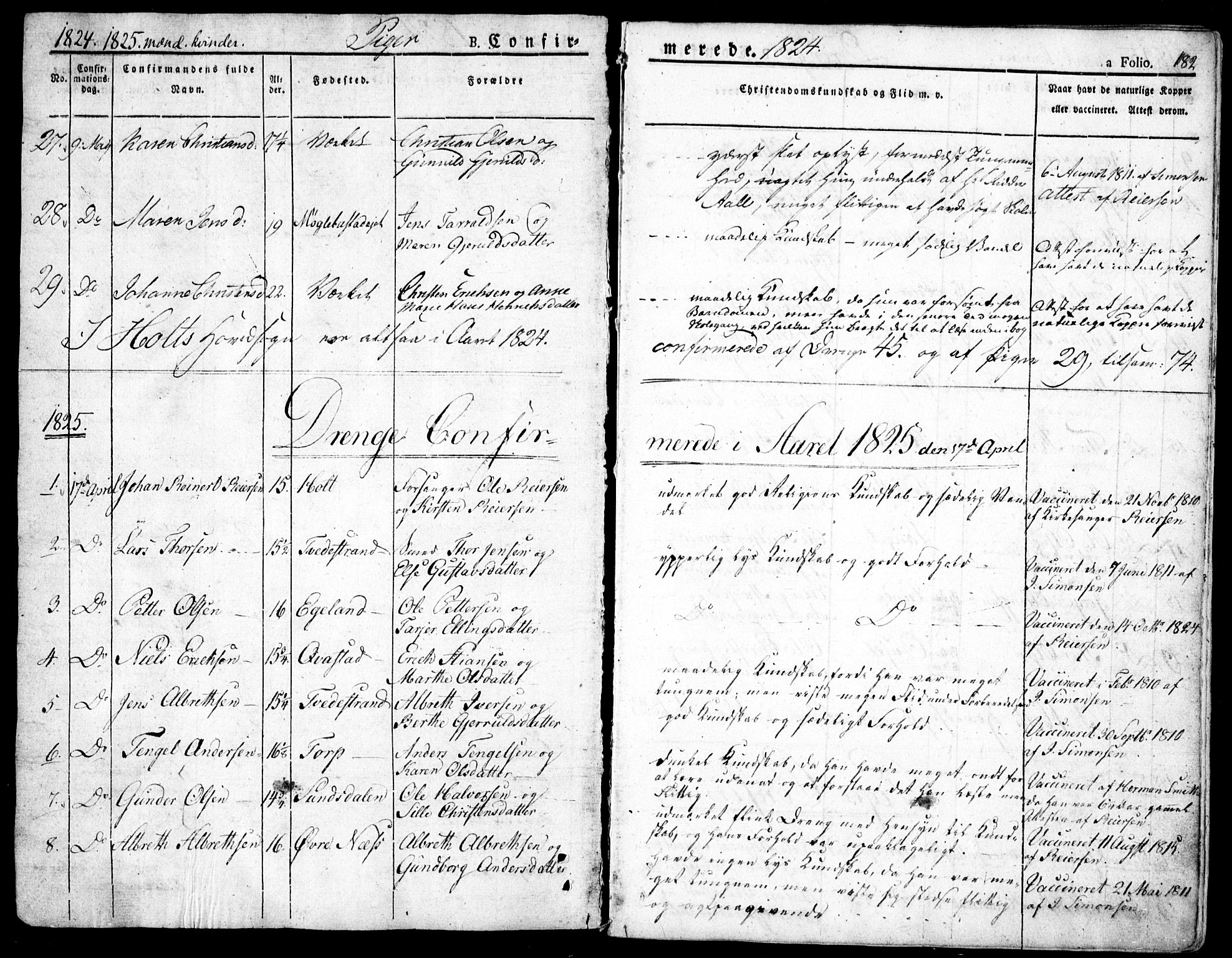 Holt sokneprestkontor, SAK/1111-0021/F/Fa/L0006: Parish register (official) no. A 6, 1820-1835, p. 182