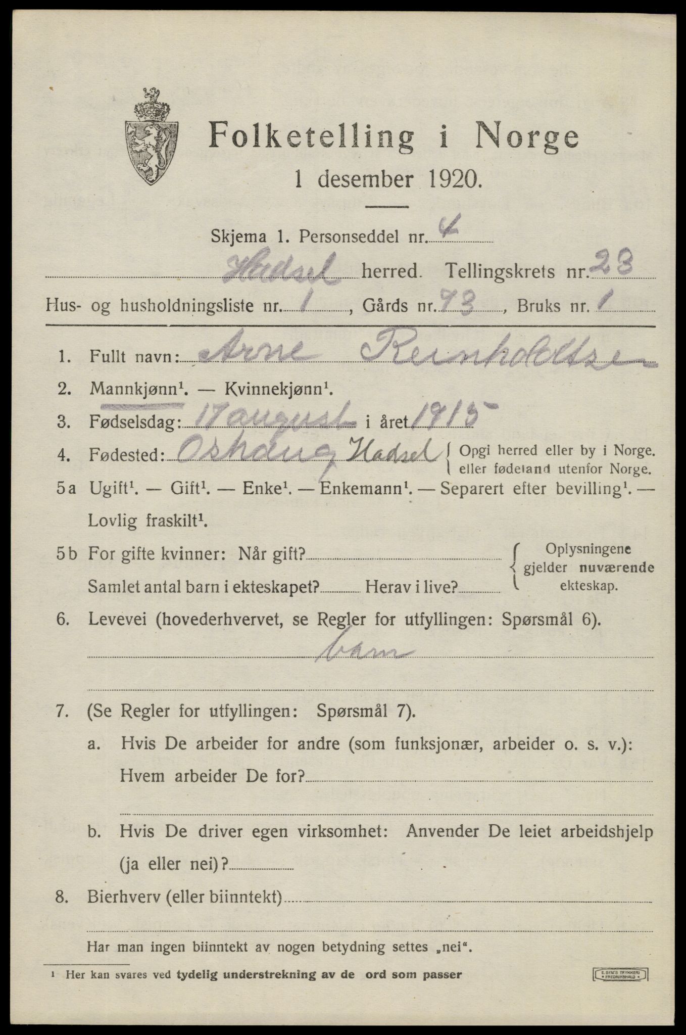 SAT, 1920 census for Hadsel, 1920, p. 20502