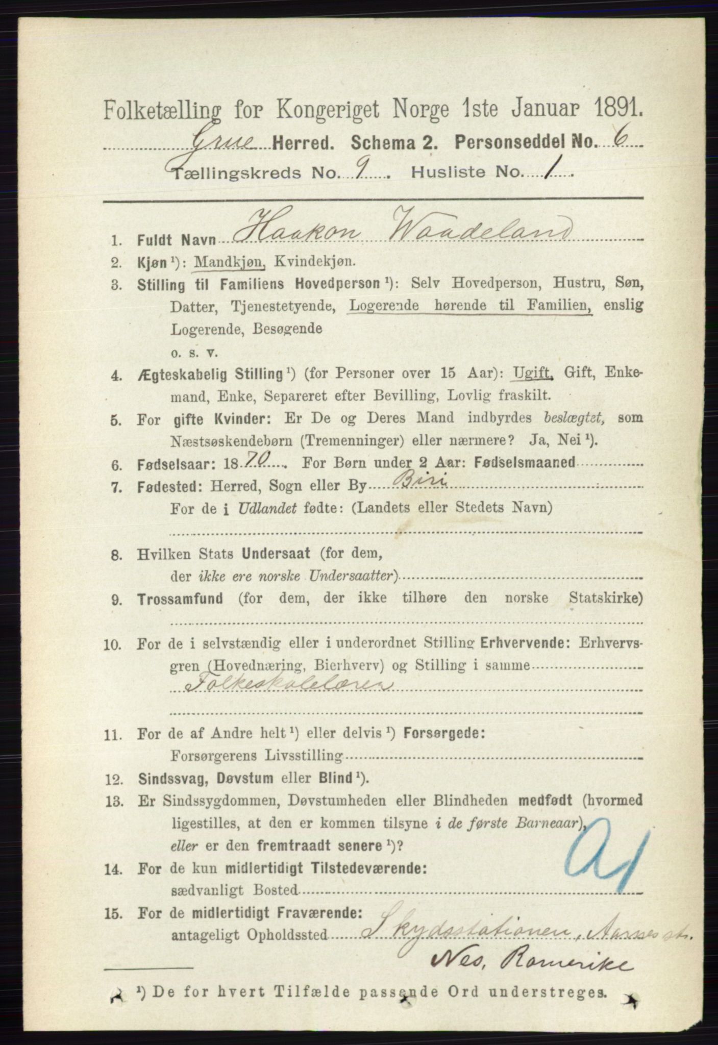 RA, 1891 census for 0423 Grue, 1891, p. 4886