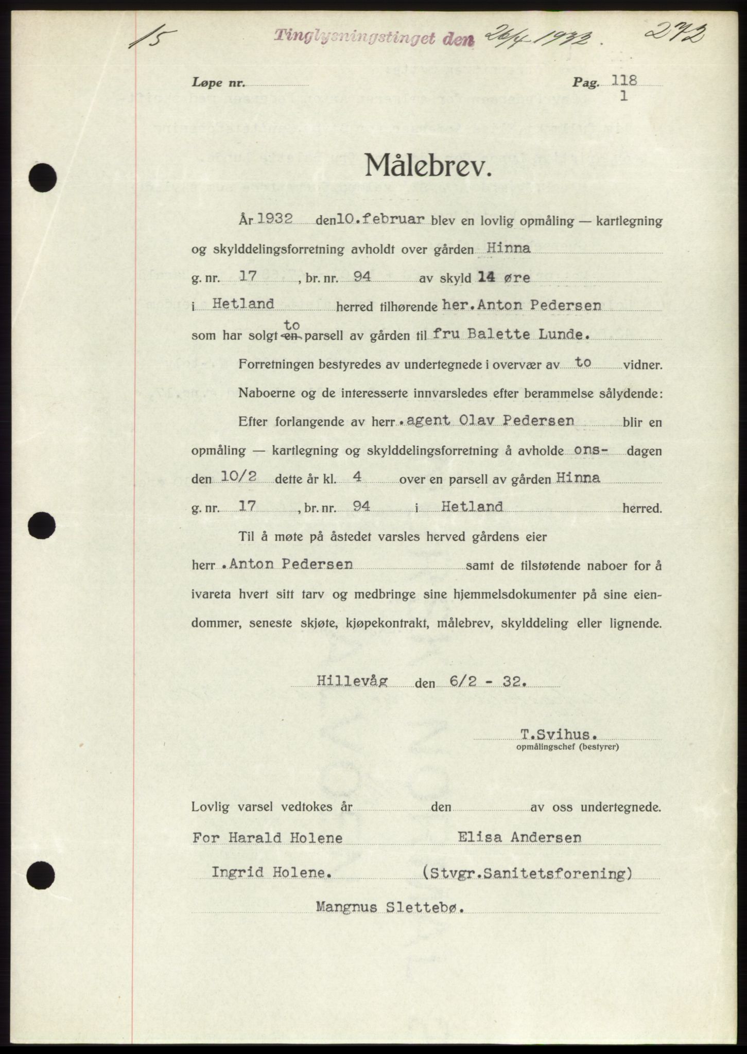 Jæren sorenskriveri, SAST/A-100310/03/G/Gba/L0059: Mortgage book no. 58, 1931-1932, Deed date: 26.04.1932