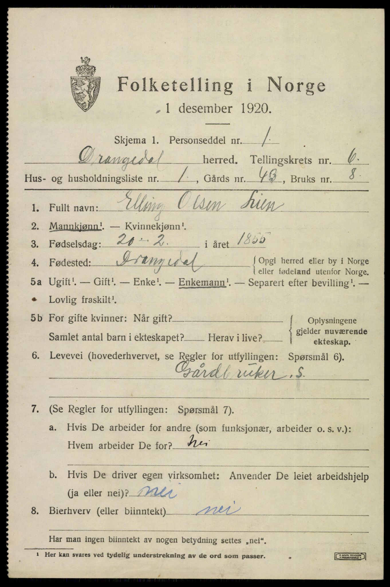 SAKO, 1920 census for Drangedal, 1920, p. 4229