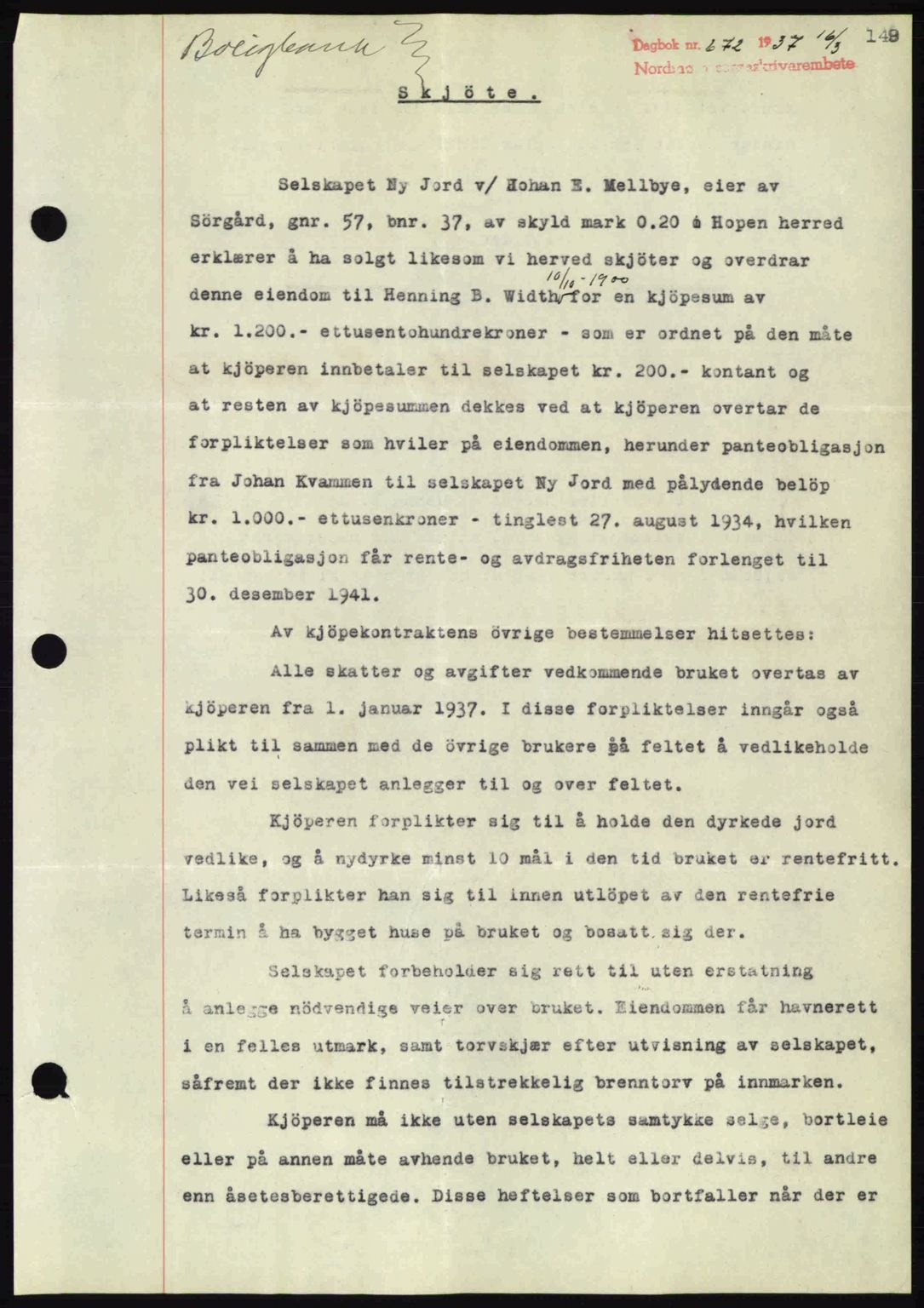 Nordmøre sorenskriveri, AV/SAT-A-4132/1/2/2Ca: Mortgage book no. A81, 1937-1937, Diary no: : 672/1937