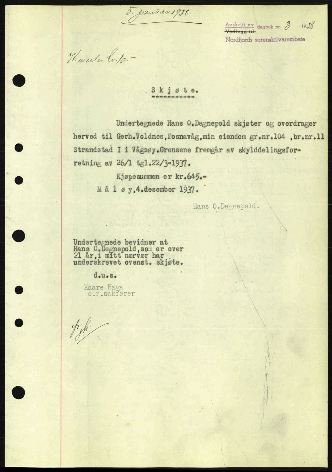 Nordfjord sorenskriveri, AV/SAB-A-2801/02/02b/02bj/L0002: Mortgage book no. A2, 1937-1938, Diary no: : 3/1938