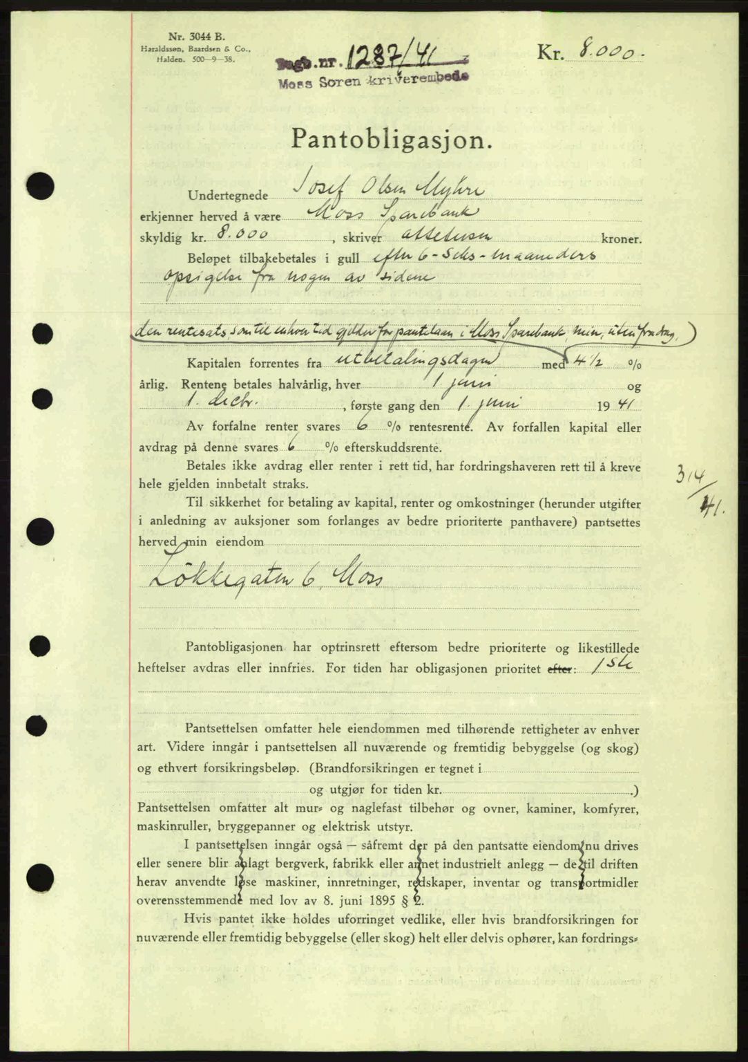 Moss sorenskriveri, SAO/A-10168: Mortgage book no. B10, 1940-1941, Diary no: : 1287/1941