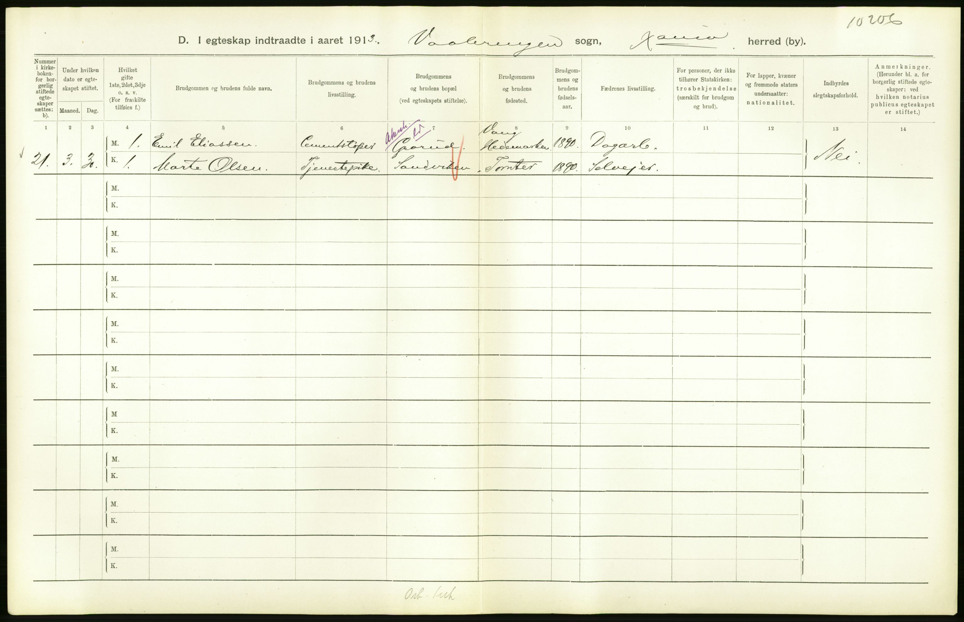 Statistisk sentralbyrå, Sosiodemografiske emner, Befolkning, AV/RA-S-2228/D/Df/Dfb/Dfbc/L0008: Kristiania: Gifte., 1913, p. 84