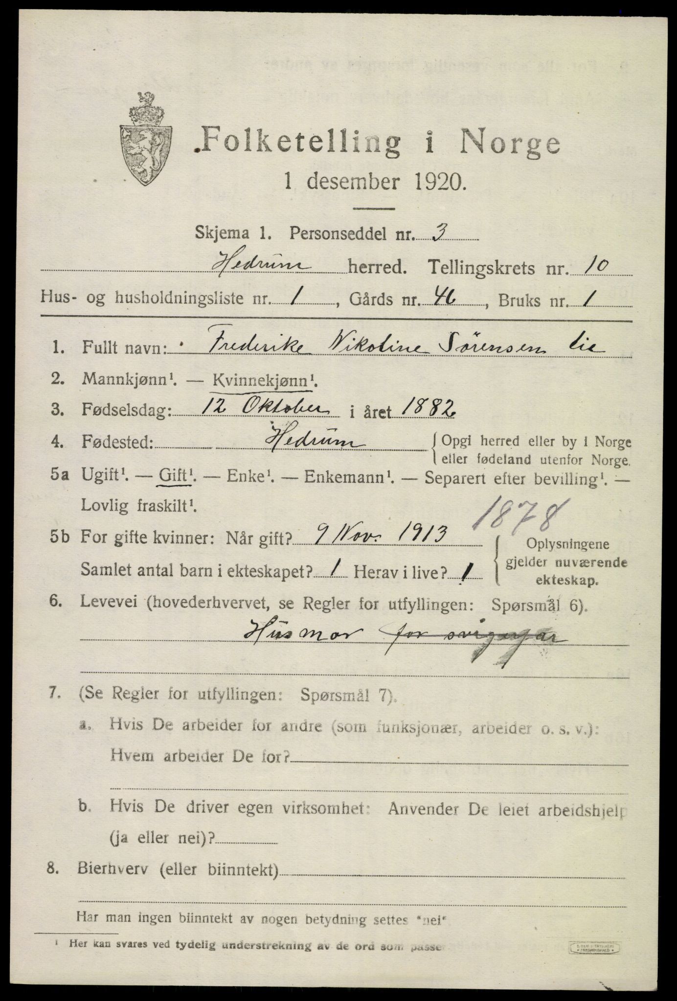 SAKO, 1920 census for Hedrum, 1920, p. 7135