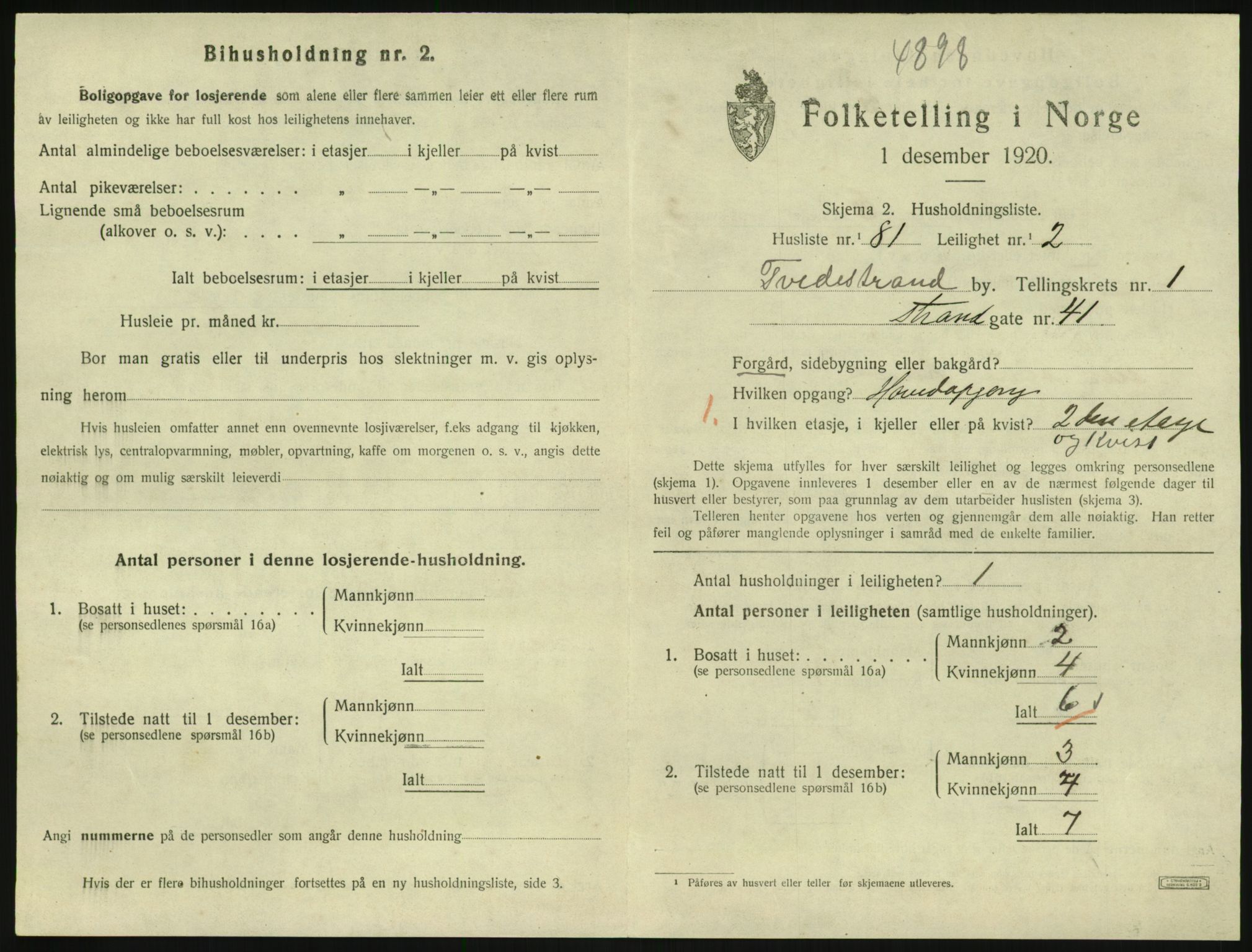 SAK, 1920 census for Tvedestrand, 1920, p. 829