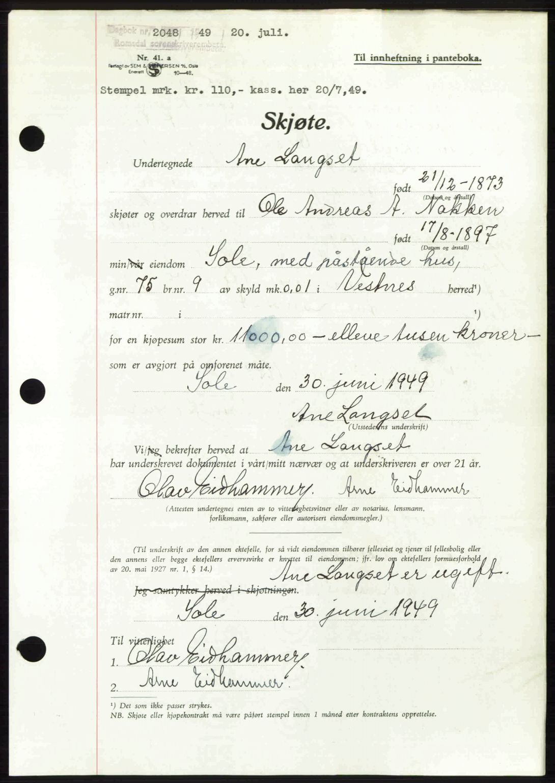 Romsdal sorenskriveri, AV/SAT-A-4149/1/2/2C: Mortgage book no. A30, 1949-1949, Diary no: : 2048/1949