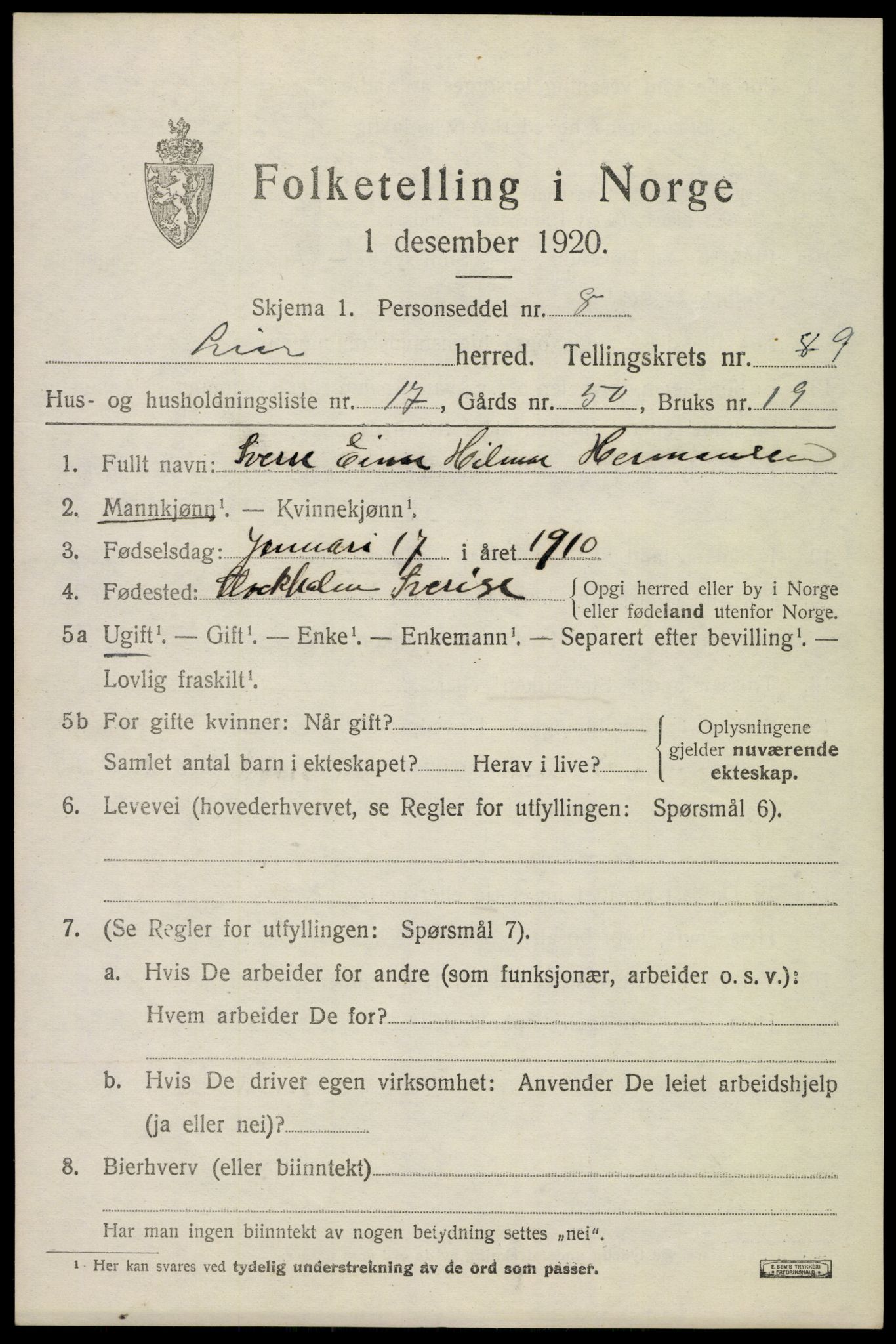 SAKO, 1920 census for Lier, 1920, p. 15094