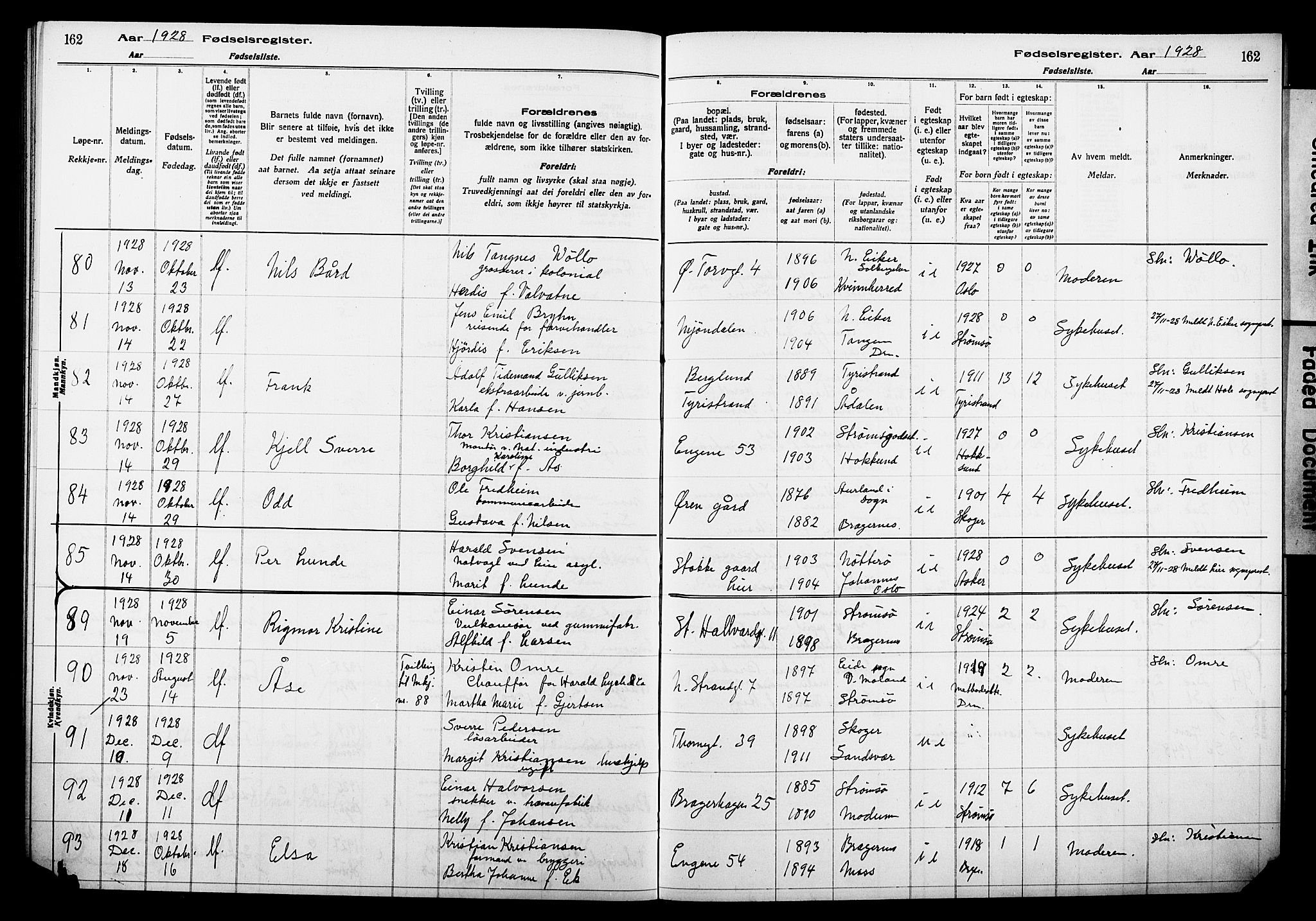 Bragernes kirkebøker, AV/SAKO-A-6/J/Ja/L0002: Birth register no. 2, 1922-1930, p. 162