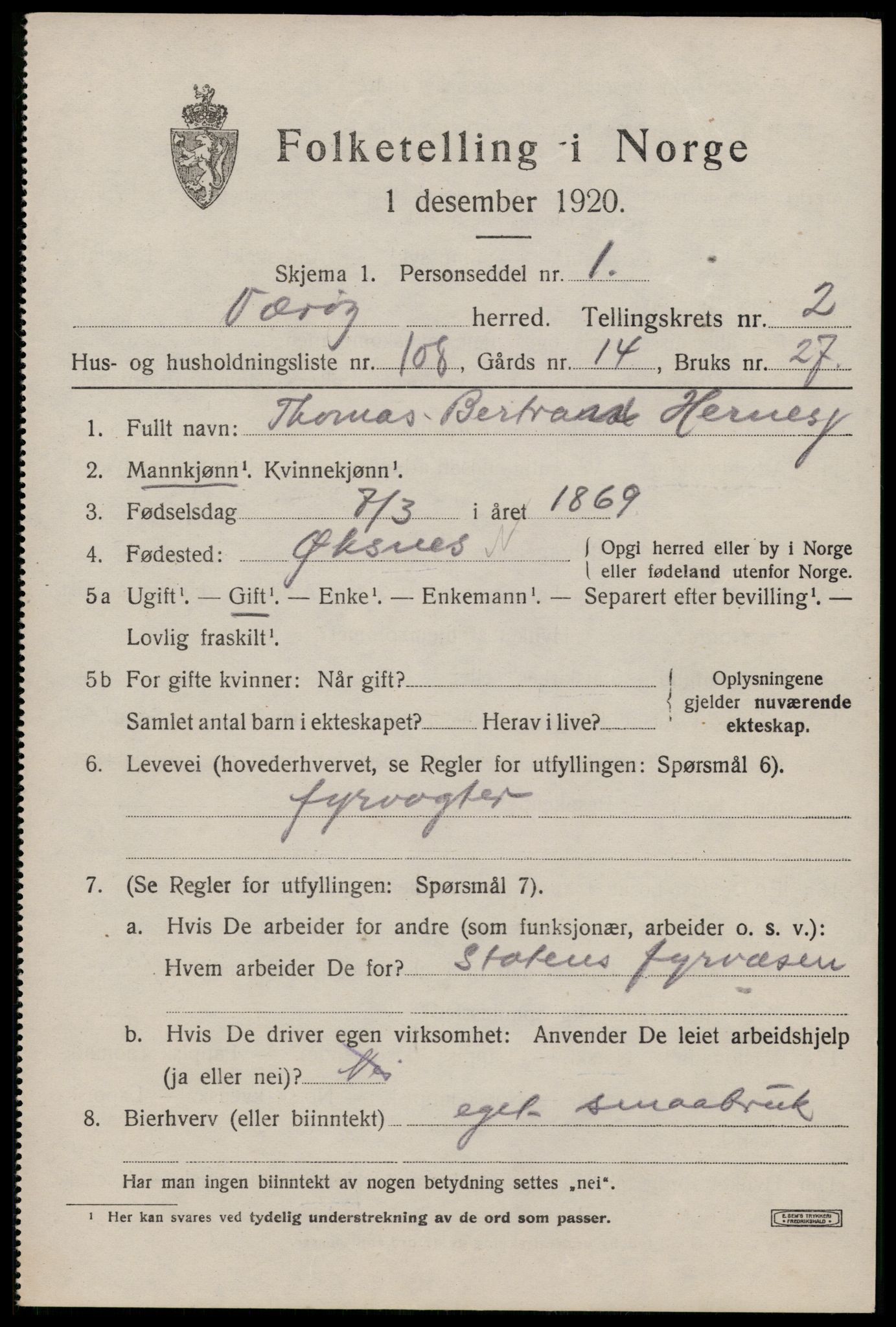 SAT, 1920 census for Værøy, 1920, p. 2213