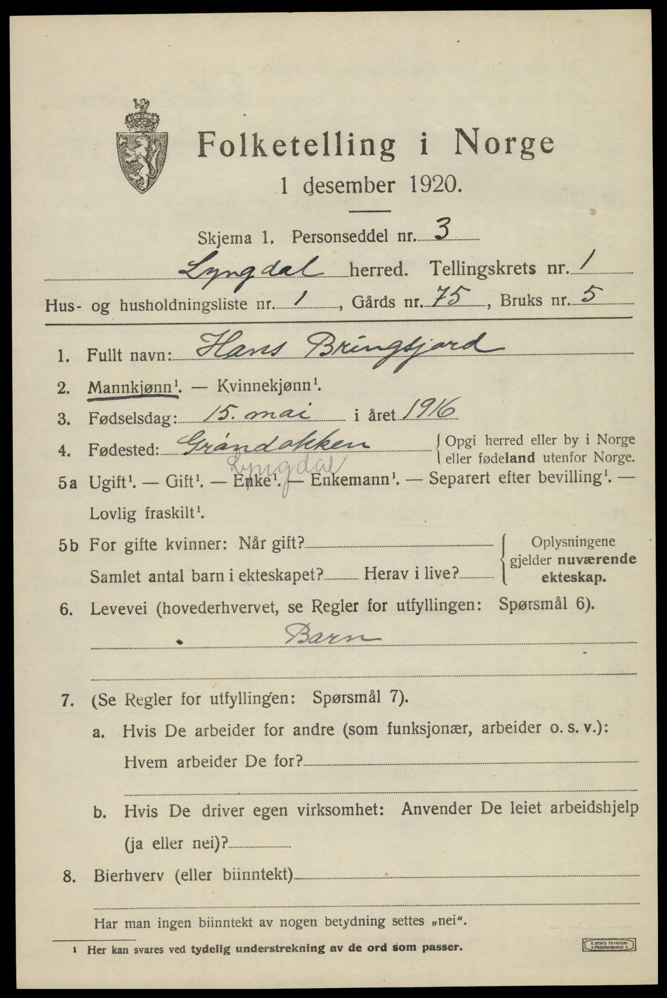 SAK, 1920 census for Lyngdal, 1920, p. 1327