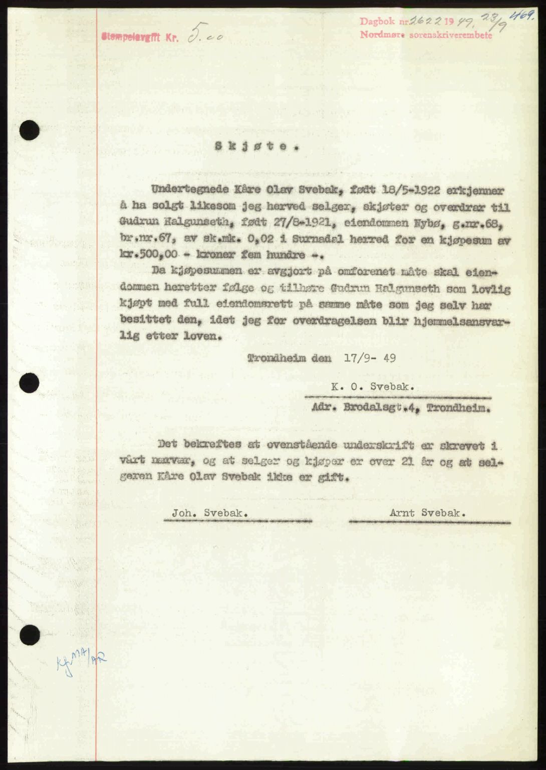 Nordmøre sorenskriveri, AV/SAT-A-4132/1/2/2Ca: Mortgage book no. A112, 1949-1949, Diary no: : 2622/1949