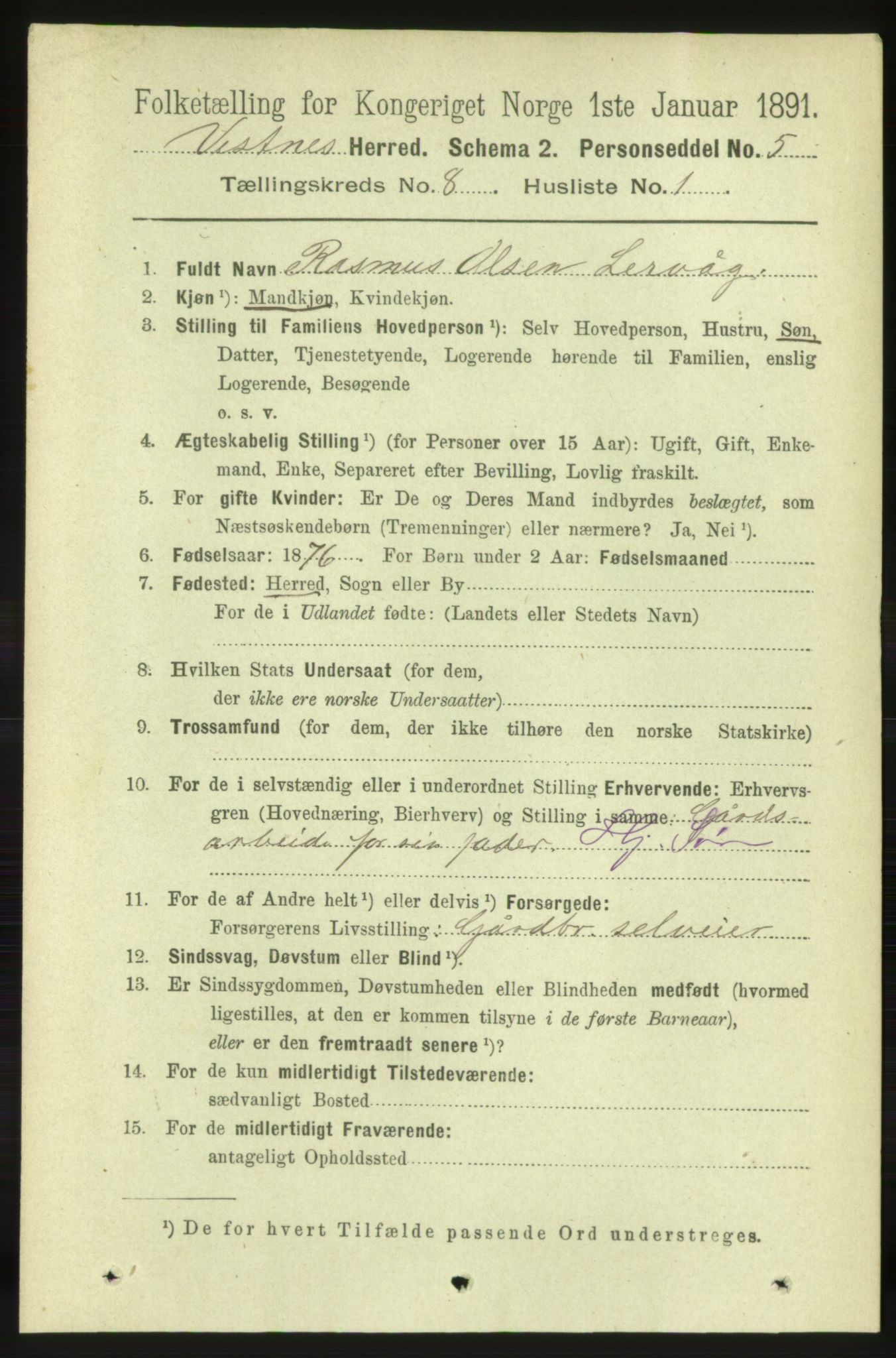 RA, 1891 census for 1535 Vestnes, 1891, p. 3157