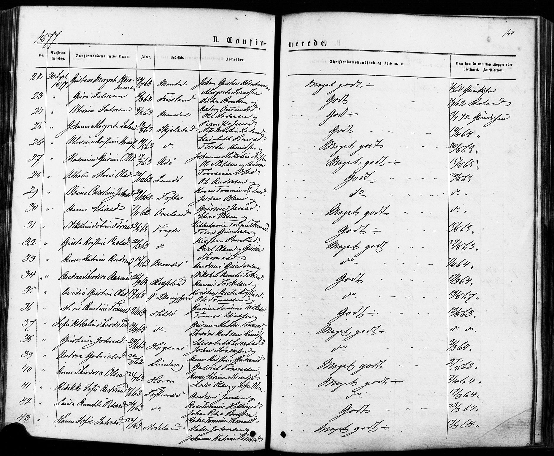 Mandal sokneprestkontor, AV/SAK-1111-0030/F/Fa/Faa/L0015: Parish register (official) no. A 15, 1873-1879, p. 160