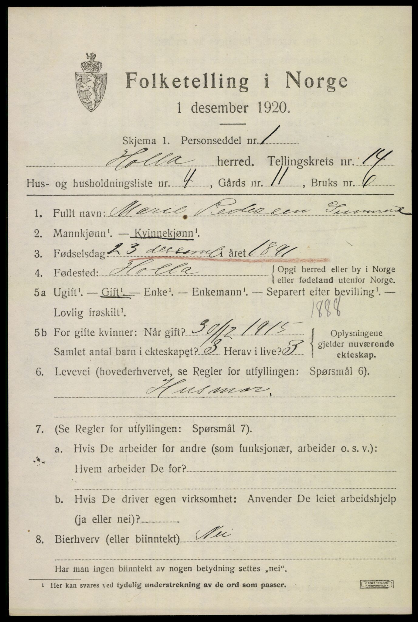 SAKO, 1920 census for Holla, 1920, p. 8365