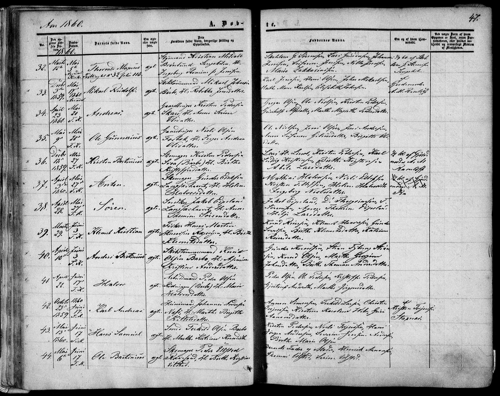 Tromøy sokneprestkontor, AV/SAK-1111-0041/F/Fa/L0006: Parish register (official) no. A 6, 1855-1863, p. 47