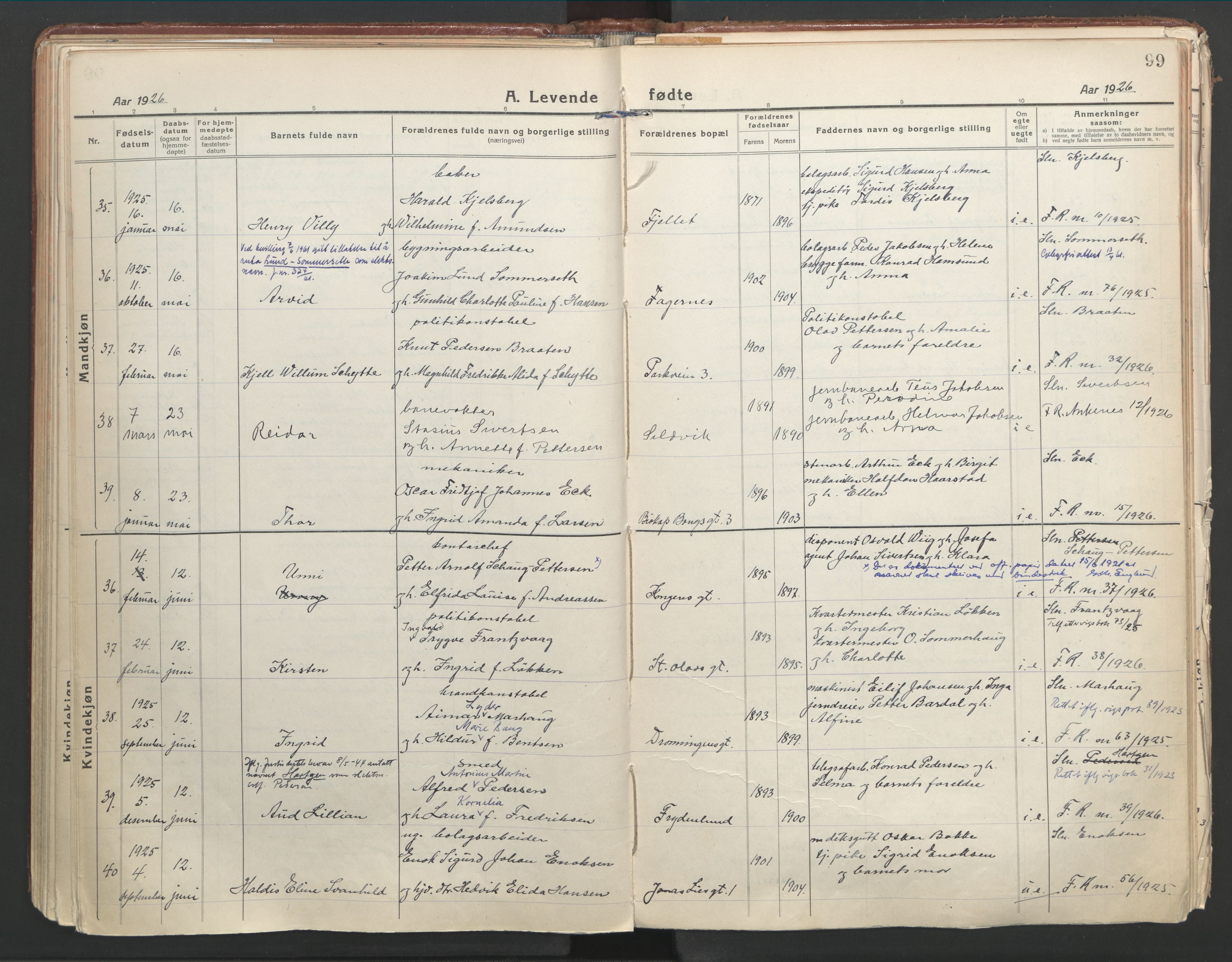 Ministerialprotokoller, klokkerbøker og fødselsregistre - Nordland, AV/SAT-A-1459/871/L1003: Parish register (official) no. 871A19, 1921-1930, p. 99