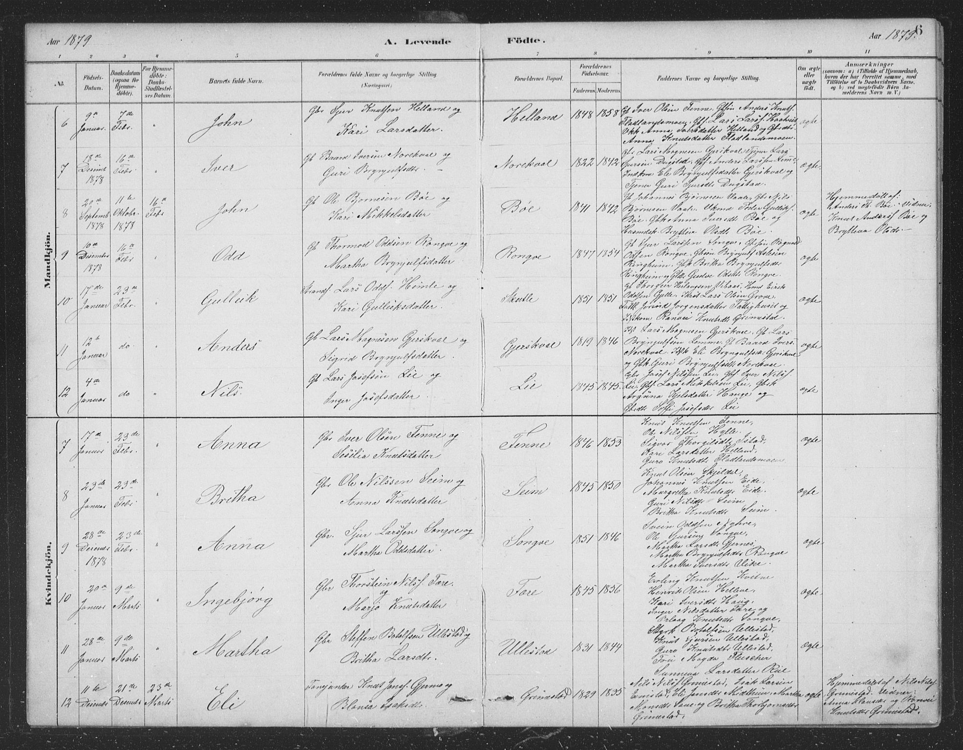 Voss sokneprestembete, SAB/A-79001/H/Hab: Parish register (copy) no. B 3, 1879-1894, p. 6