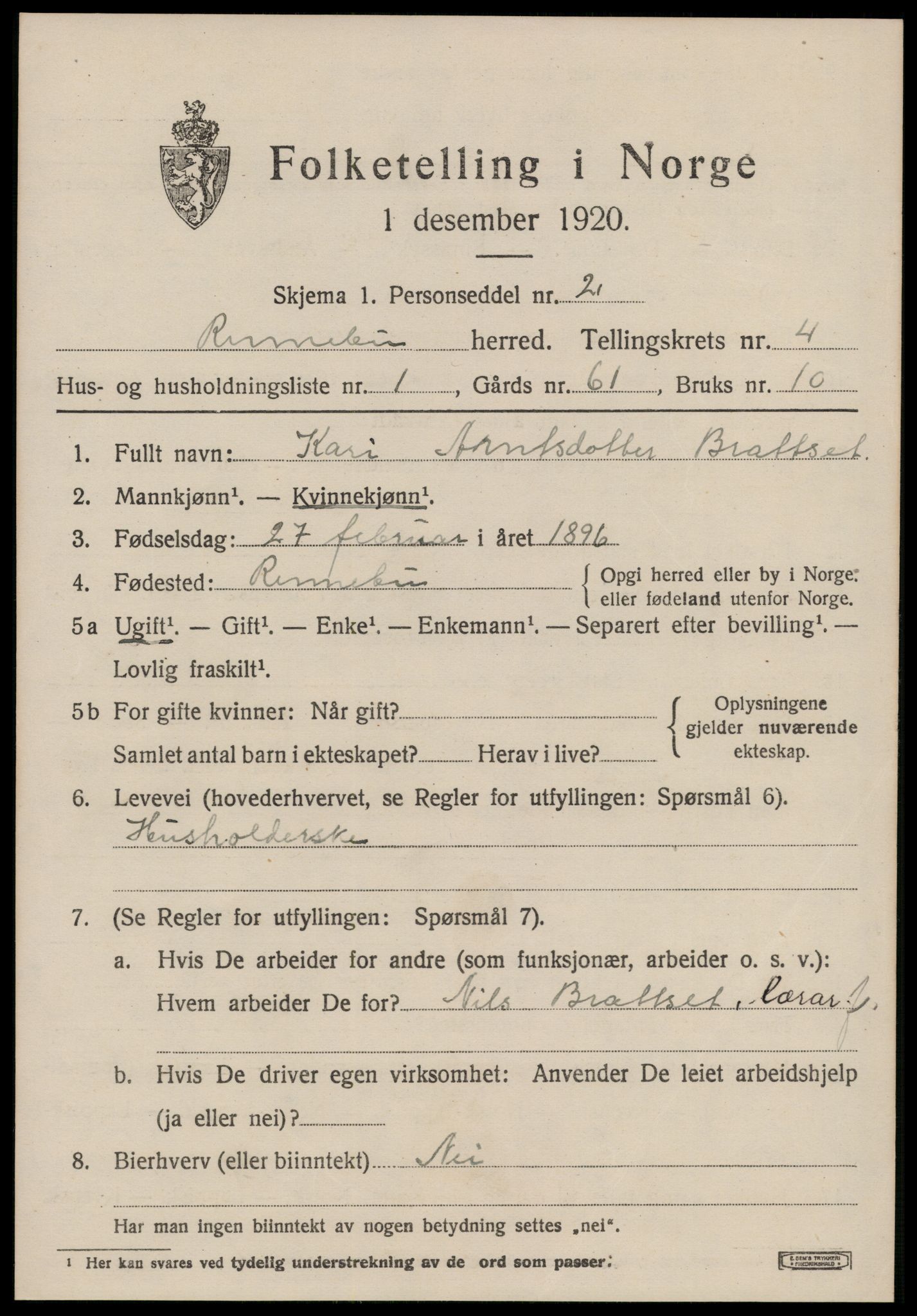 SAT, 1920 census for Rennebu, 1920, p. 2532