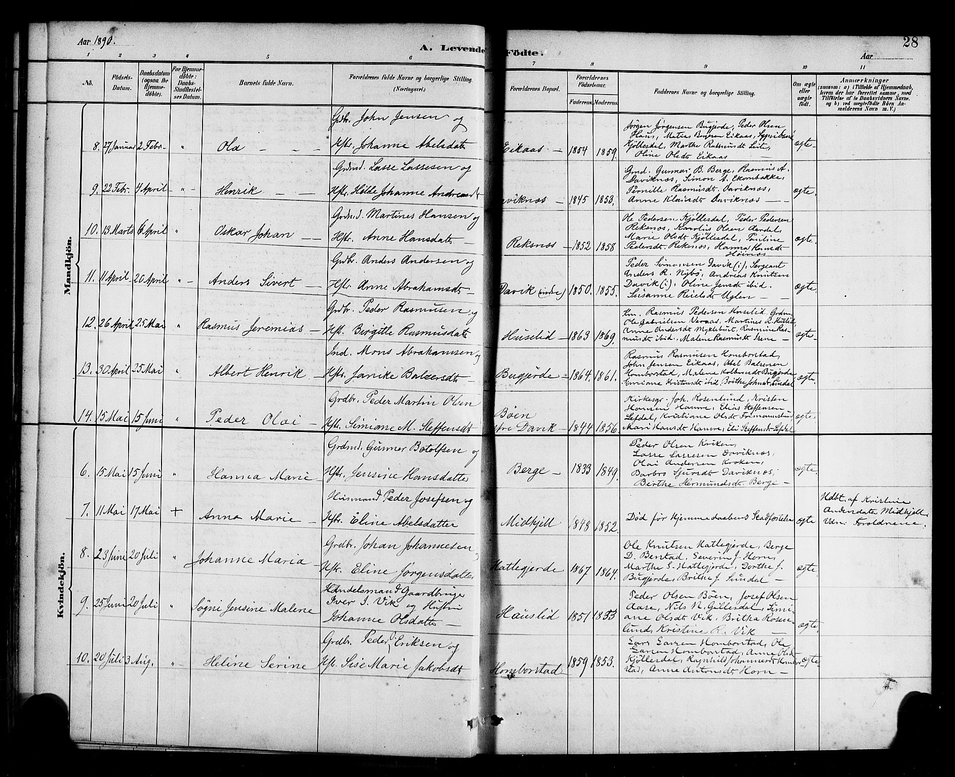 Davik sokneprestembete, AV/SAB-A-79701/H/Haa/Haab/L0001: Parish register (official) no. B 1, 1882-1900, p. 28