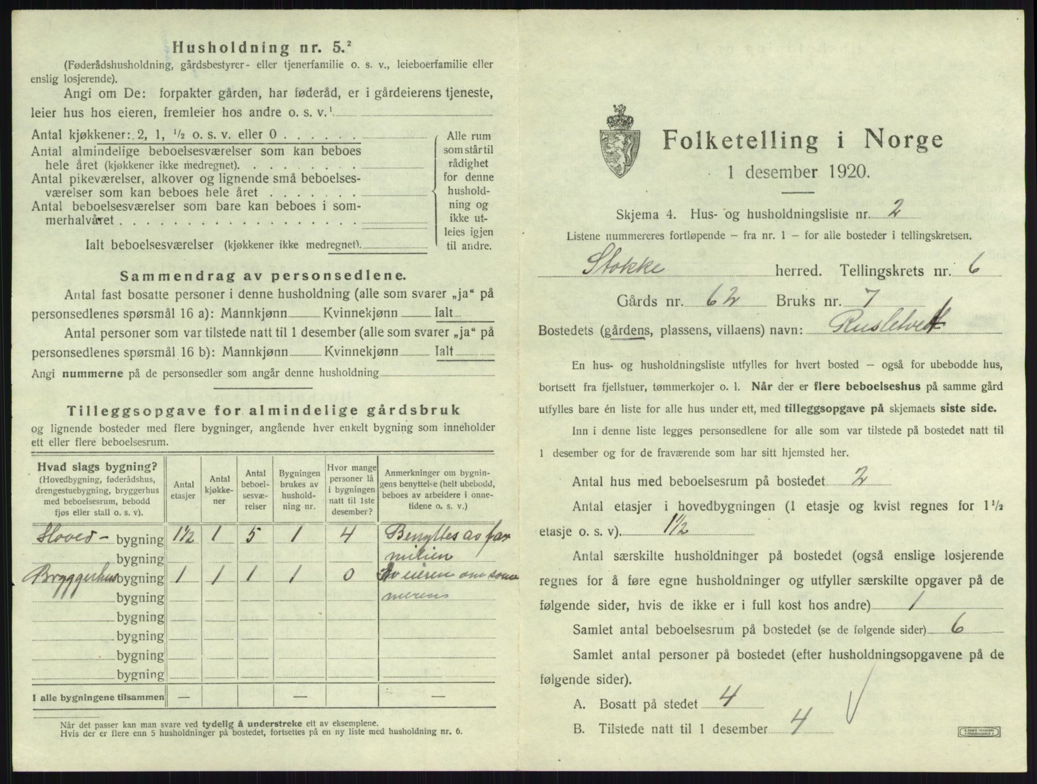 SAKO, 1920 census for Stokke, 1920, p. 1102