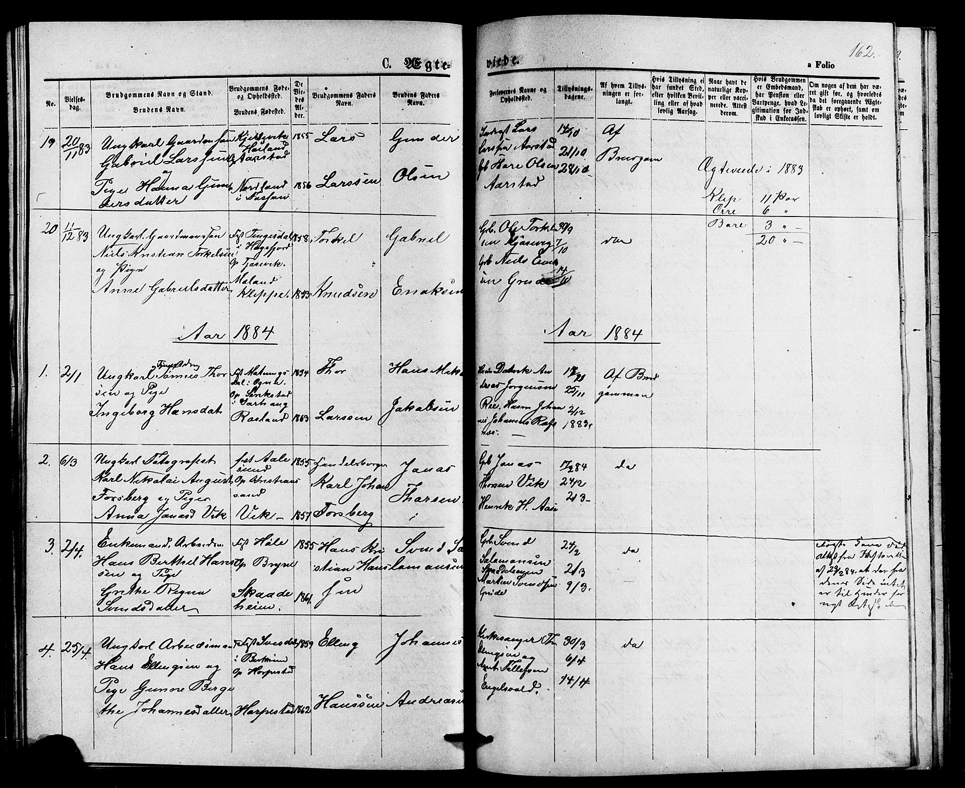Klepp sokneprestkontor, SAST/A-101803/001/3/30BB/L0003: Parish register (copy) no. B 3, 1876-1888, p. 162
