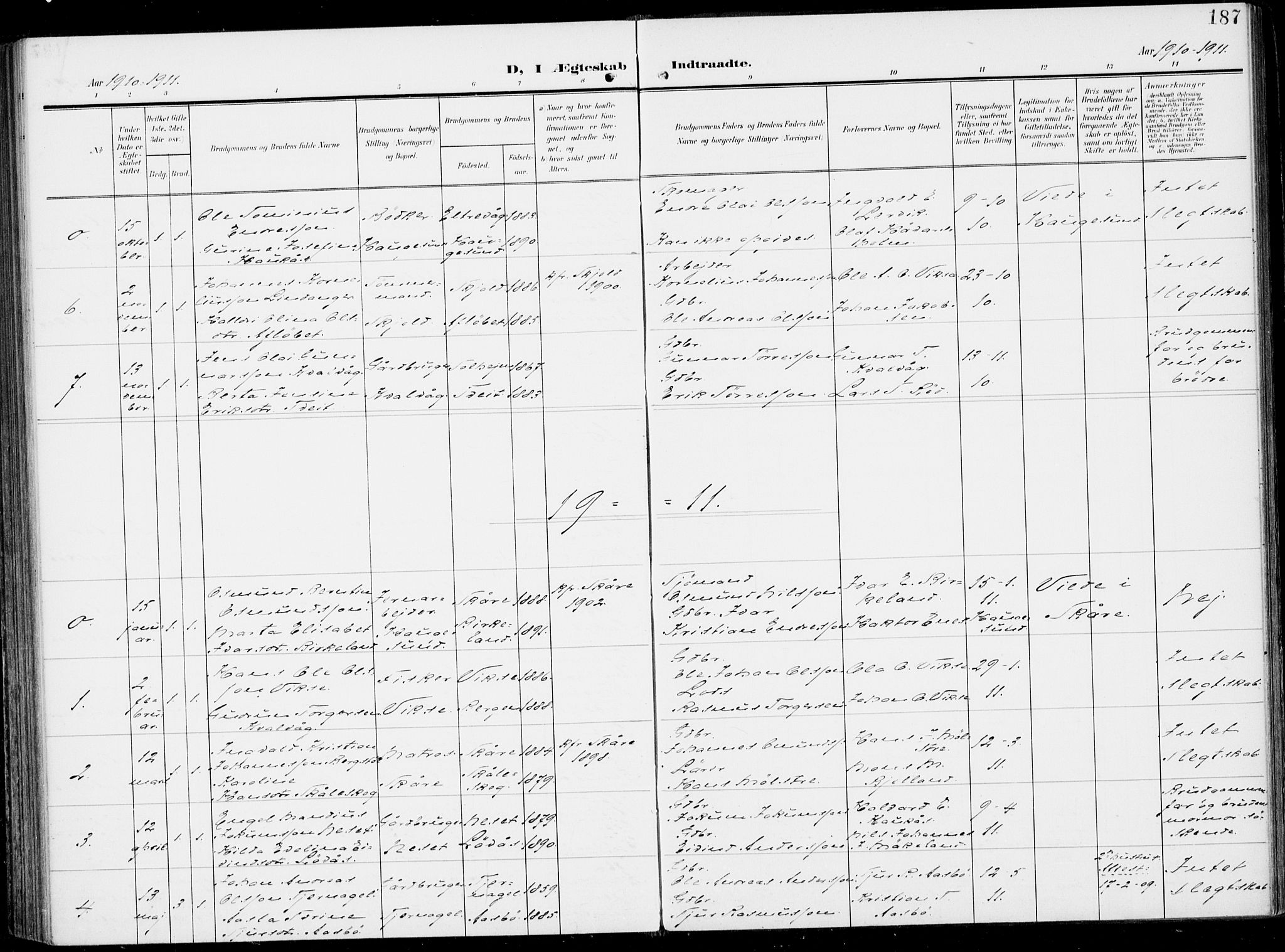 Sveio Sokneprestembete, SAB/A-78501/H/Haa: Parish register (official) no. B  4, 1906-1919, p. 187