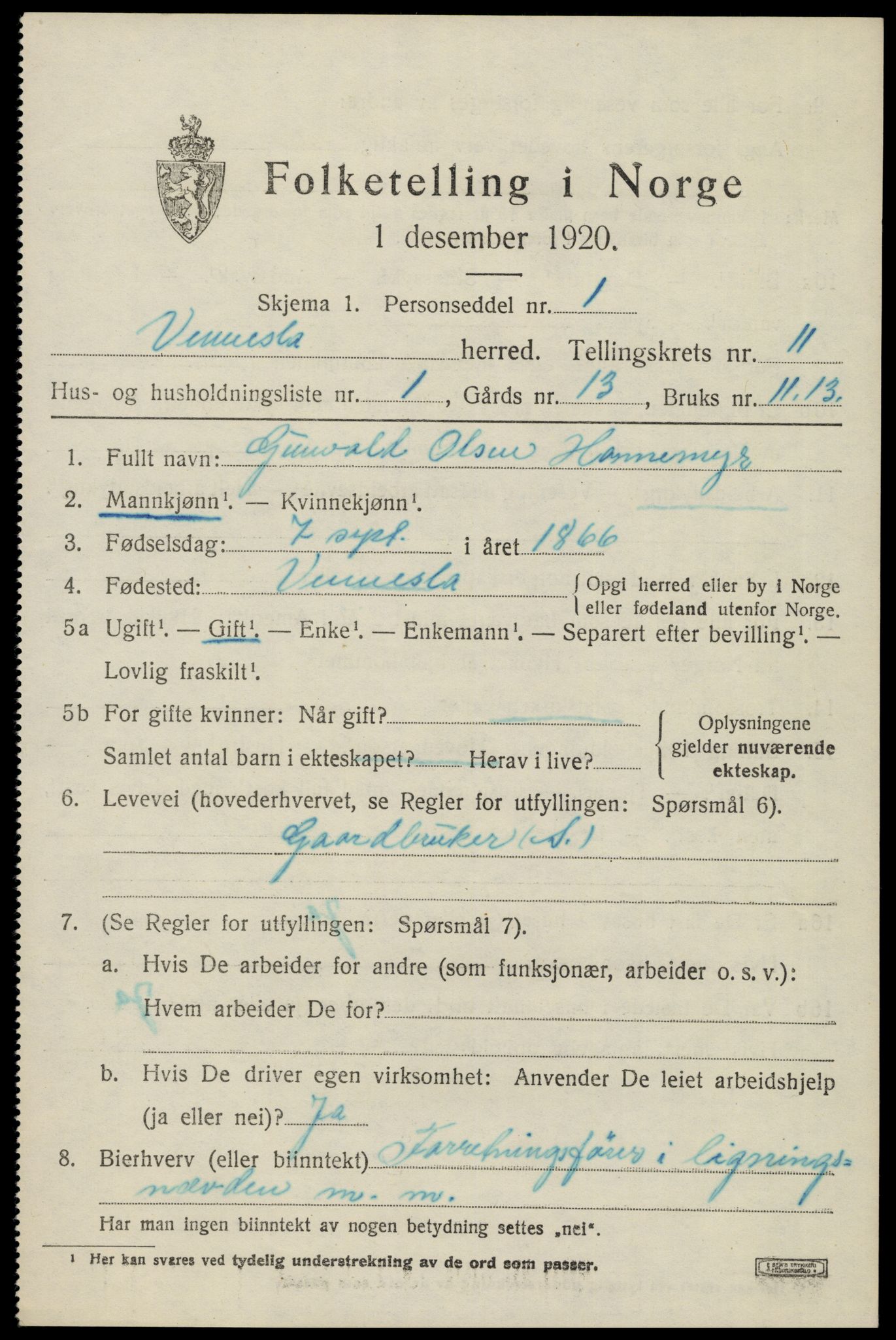 SAK, 1920 census for Vennesla, 1920, p. 7092