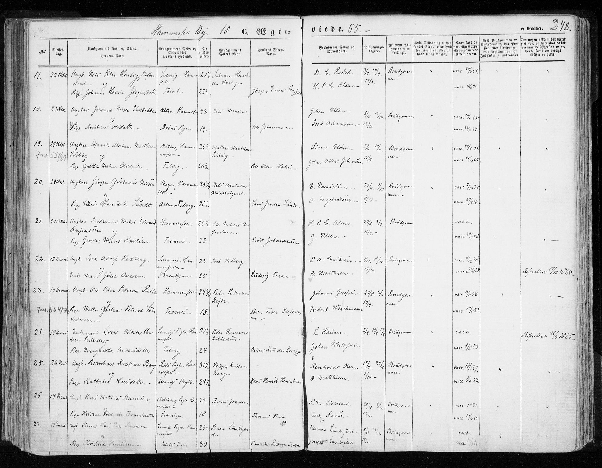 Hammerfest sokneprestkontor, AV/SATØ-S-1347/H/Ha/L0005.kirke: Parish register (official) no. 5, 1857-1869, p. 248