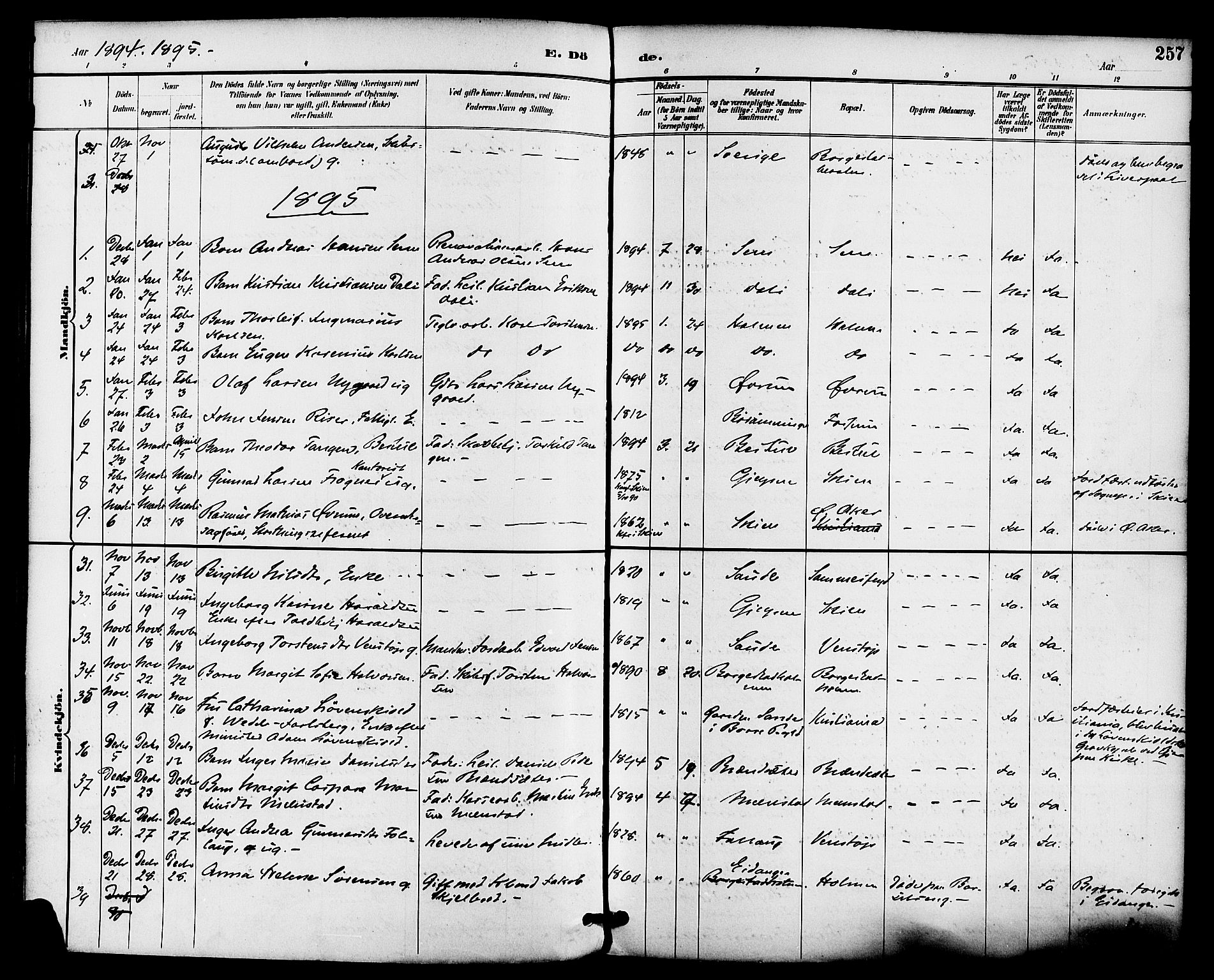Gjerpen kirkebøker, SAKO/A-265/F/Fa/L0010: Parish register (official) no. I 10, 1886-1895, p. 257